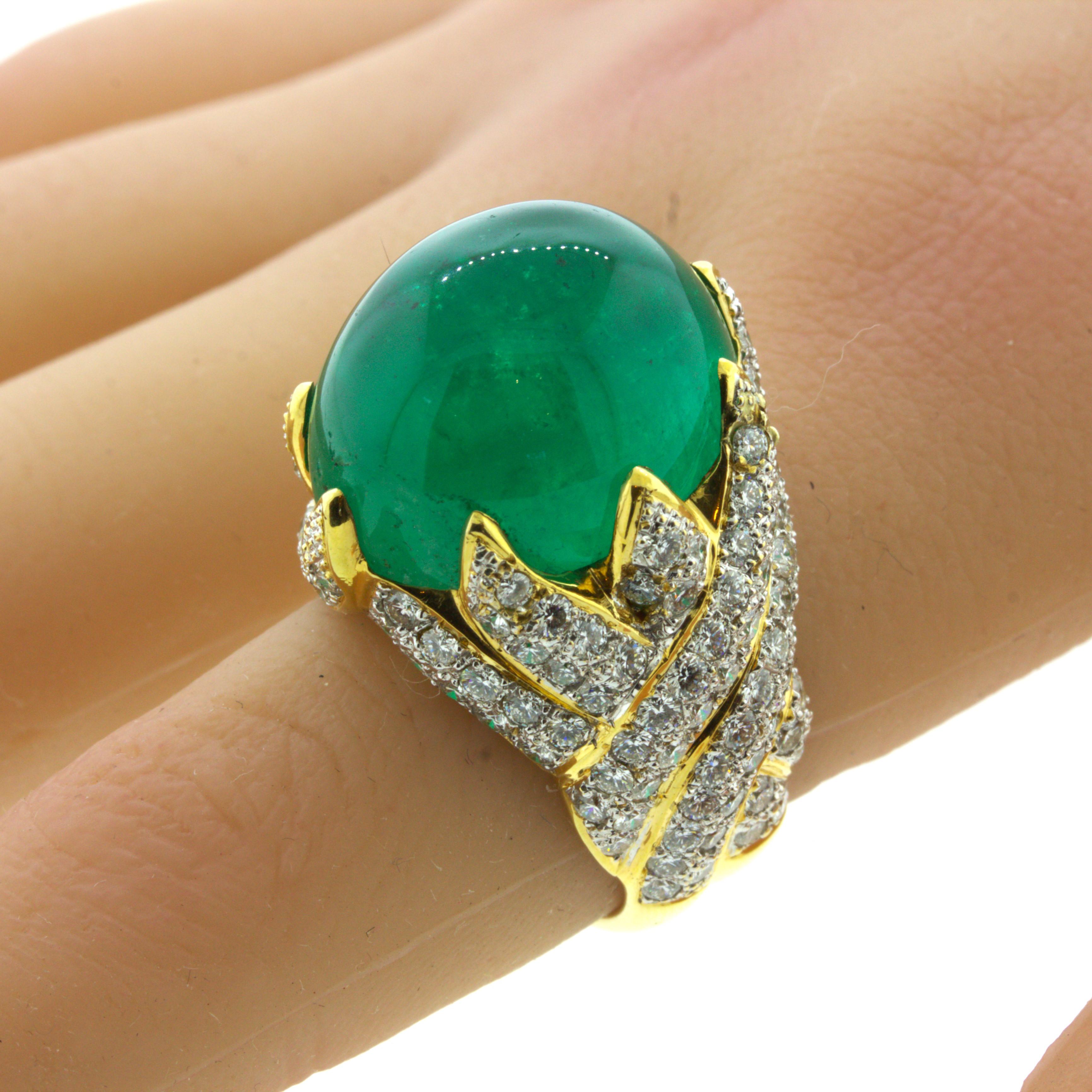 26.67 Carat Colombian Emerald Diamond 18K Yellow Gold Cocktail Ring, AGL Cert. For Sale 5