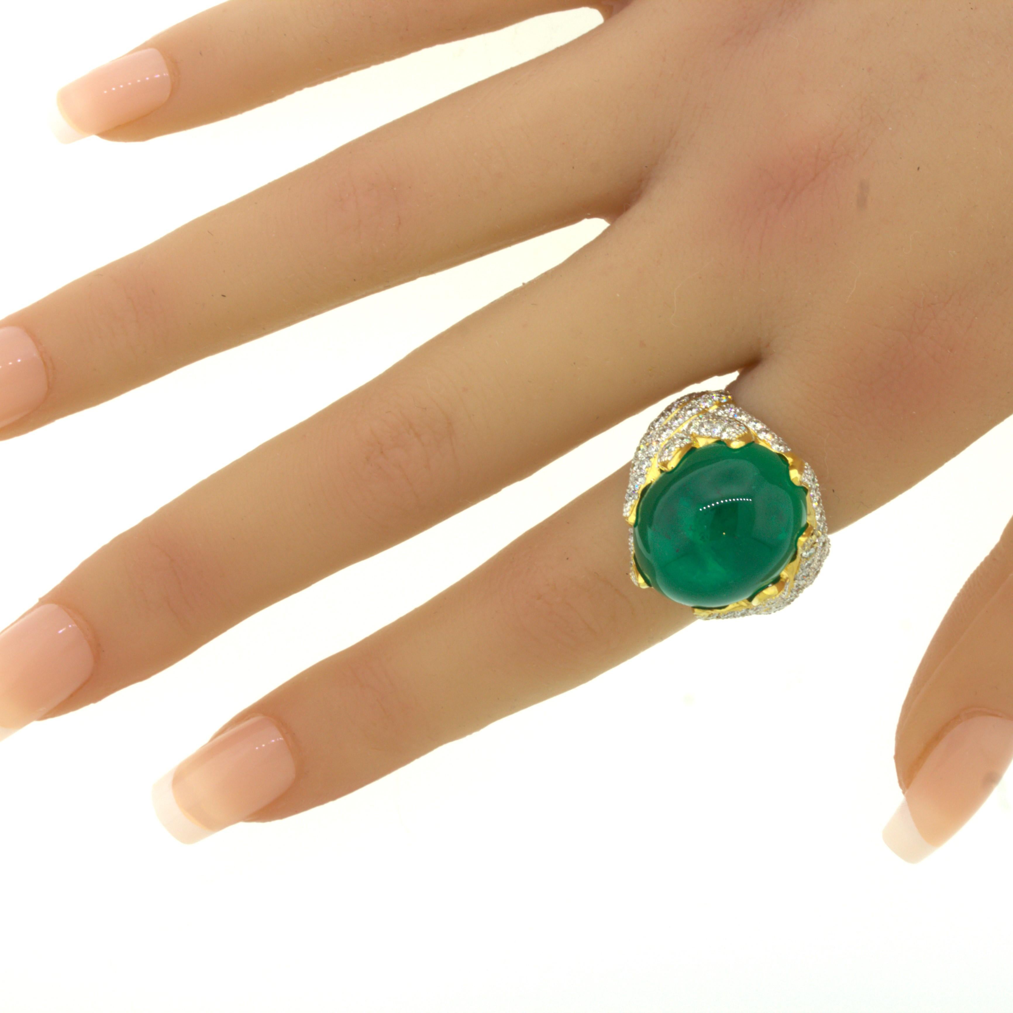 26.67 Carat Colombian Emerald Diamond 18K Yellow Gold Cocktail Ring, AGL Cert. For Sale 6
