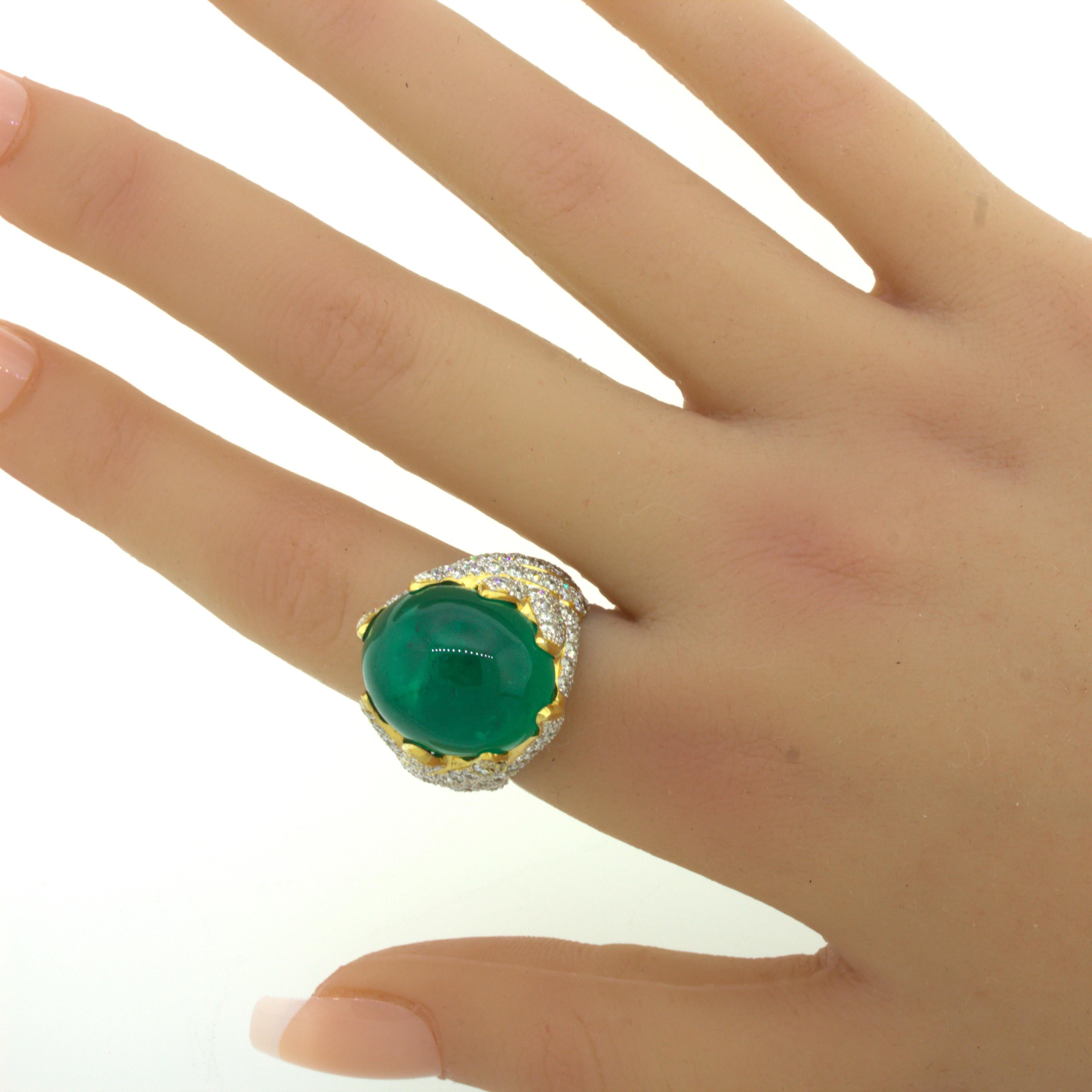 26.67 Carat Colombian Emerald Diamond 18K Yellow Gold Cocktail Ring, AGL Cert. For Sale 7