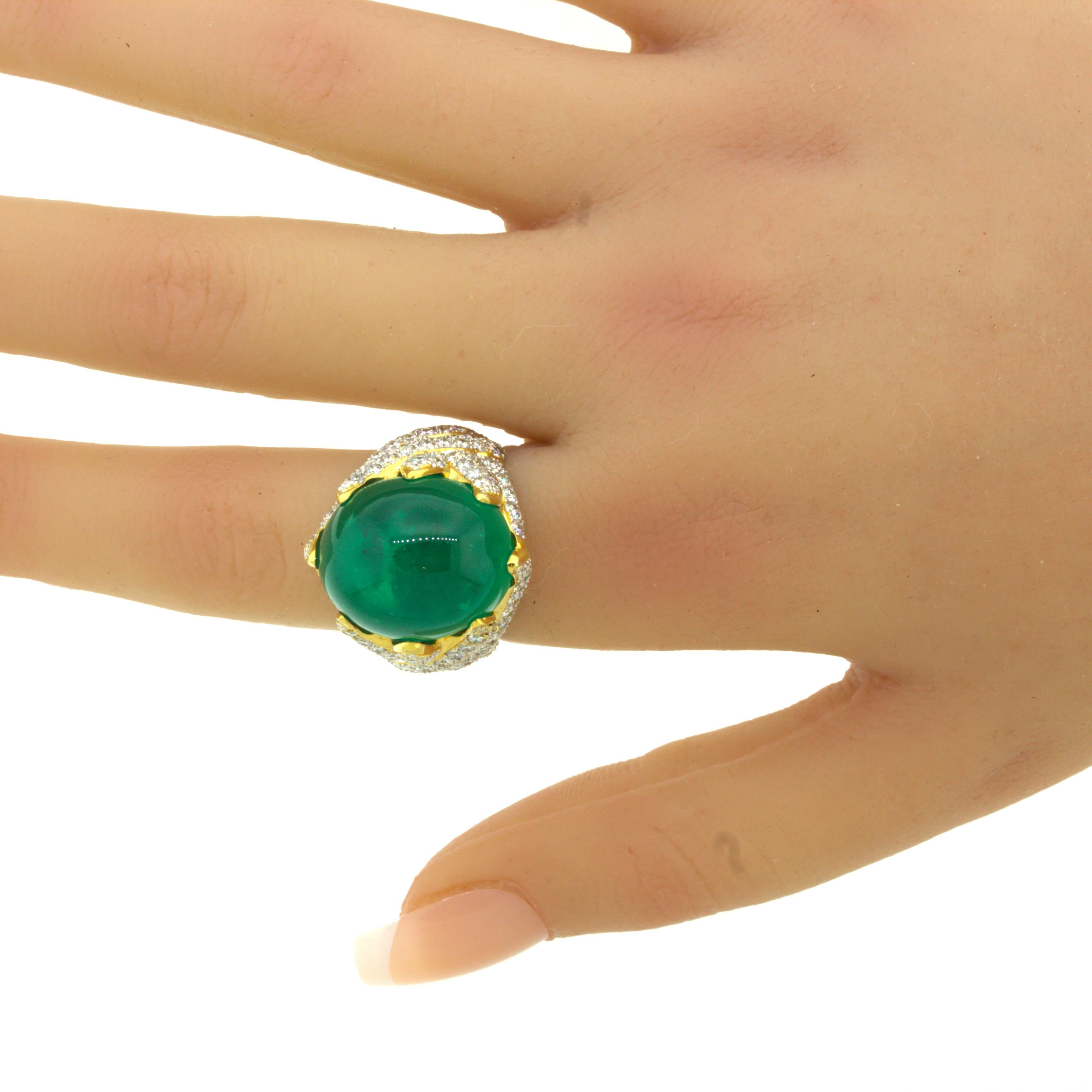 26.67 Carat Colombian Emerald Diamond 18K Yellow Gold Cocktail Ring, AGL Cert. For Sale 9