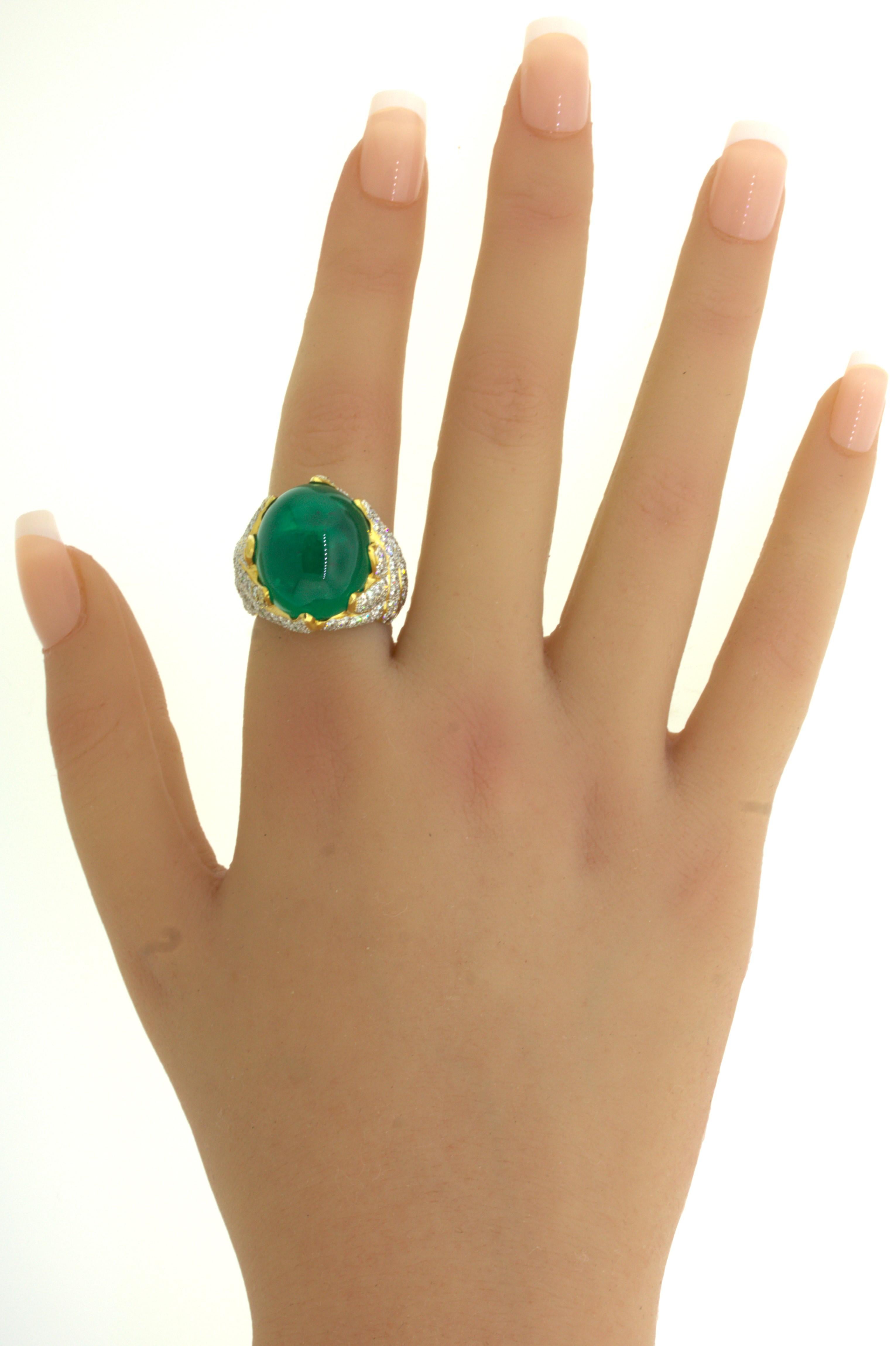 26.67 Carat Colombian Emerald Diamond 18K Yellow Gold Cocktail Ring, AGL Cert. For Sale 10