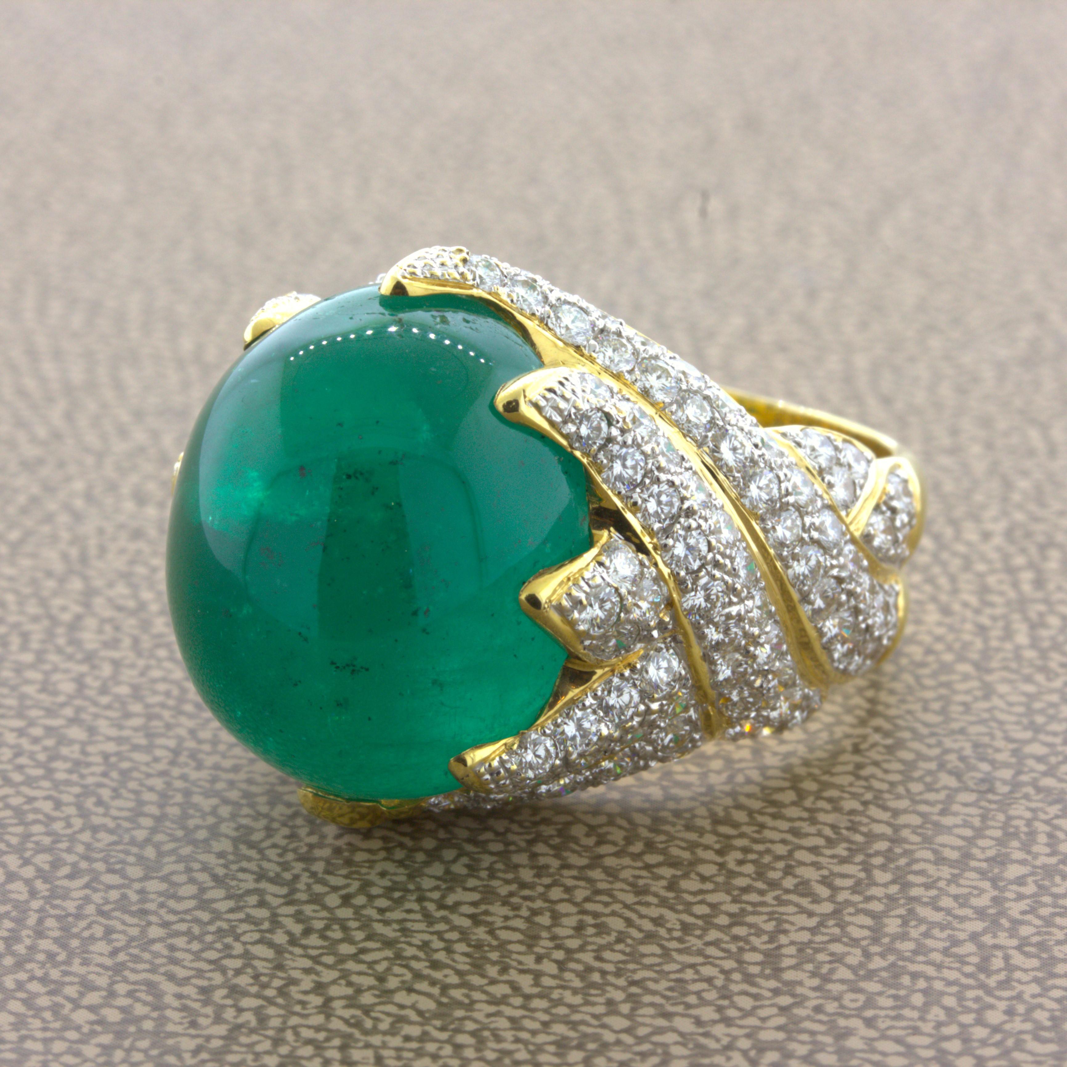 26.67 Carat Colombian Emerald Diamond 18K Yellow Gold Cocktail Ring, AGL Cert. In New Condition For Sale In Beverly Hills, CA