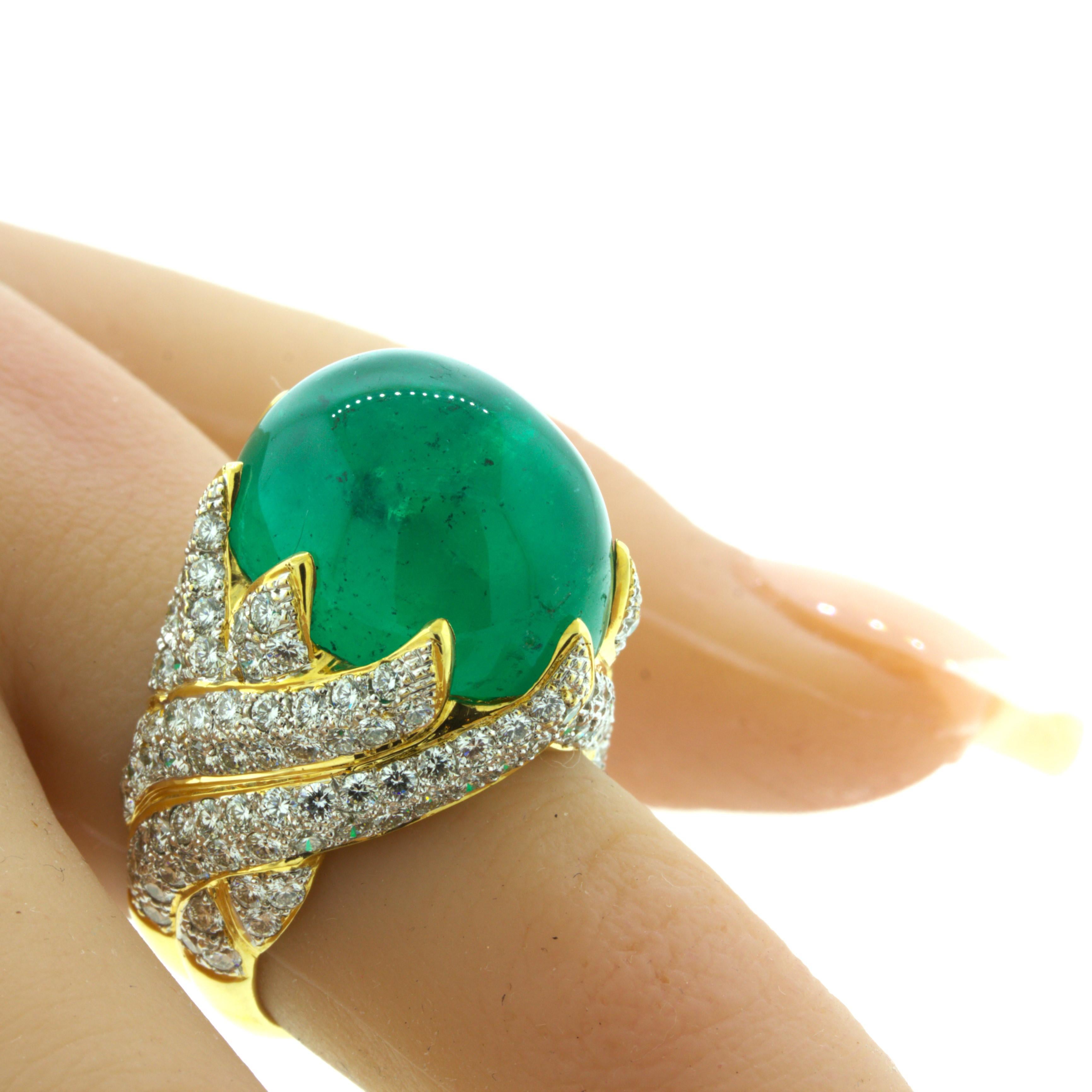 Women's 26.67 Carat Colombian Emerald Diamond 18K Yellow Gold Cocktail Ring, AGL Cert. For Sale