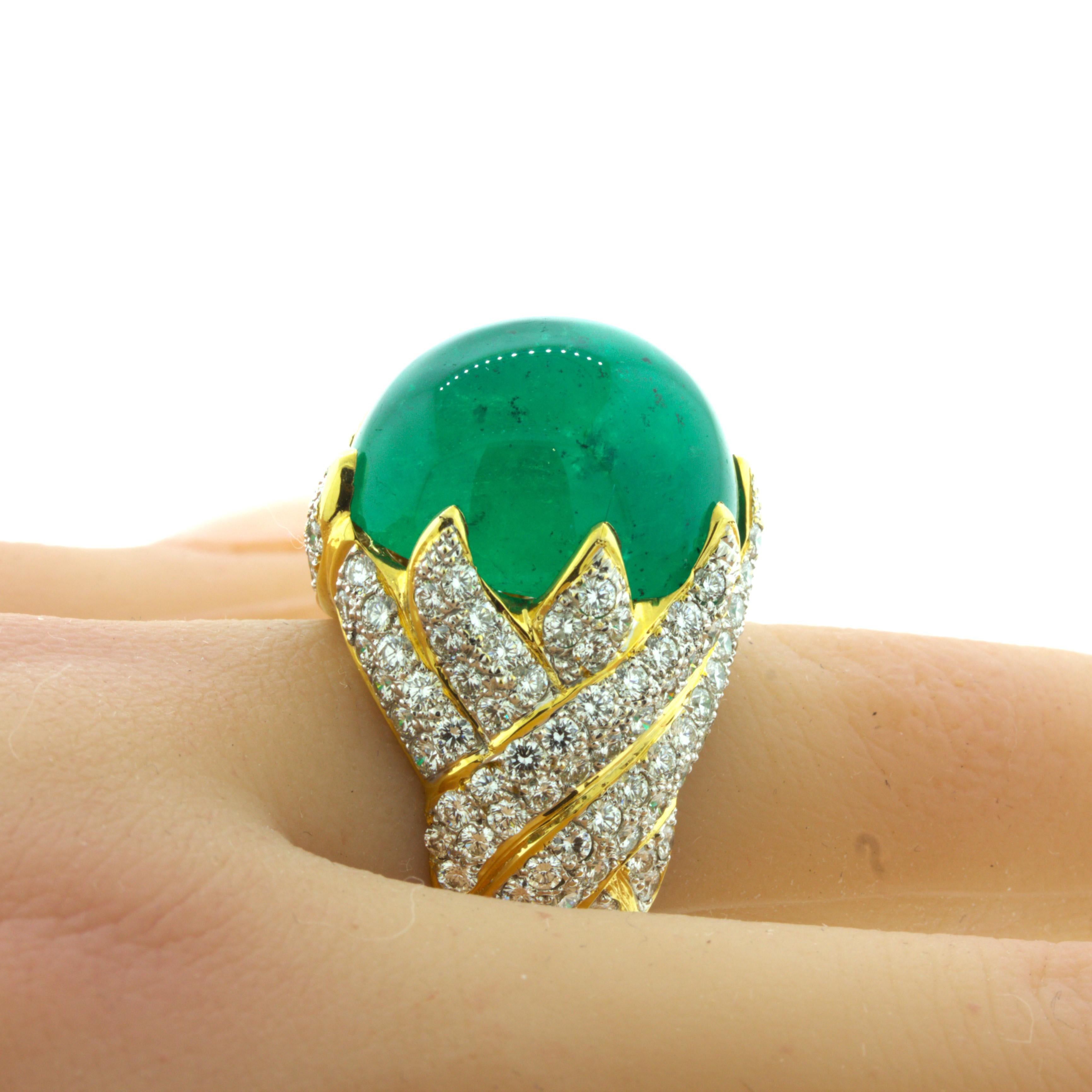 26.67 Carat Colombian Emerald Diamond 18K Yellow Gold Cocktail Ring, AGL Cert. For Sale 1