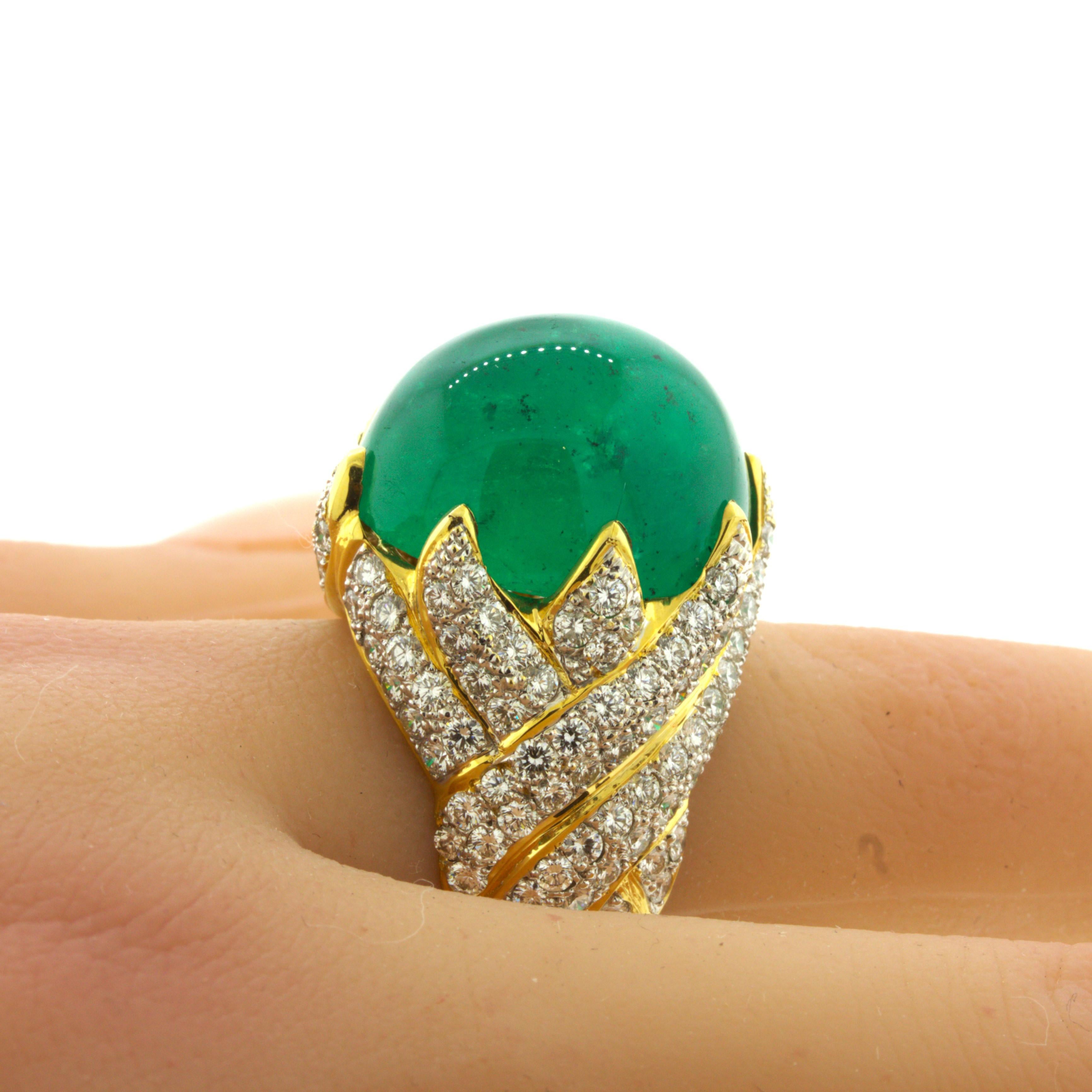 26.67 Carat Colombian Emerald Diamond 18K Yellow Gold Cocktail Ring, AGL Cert. For Sale 2