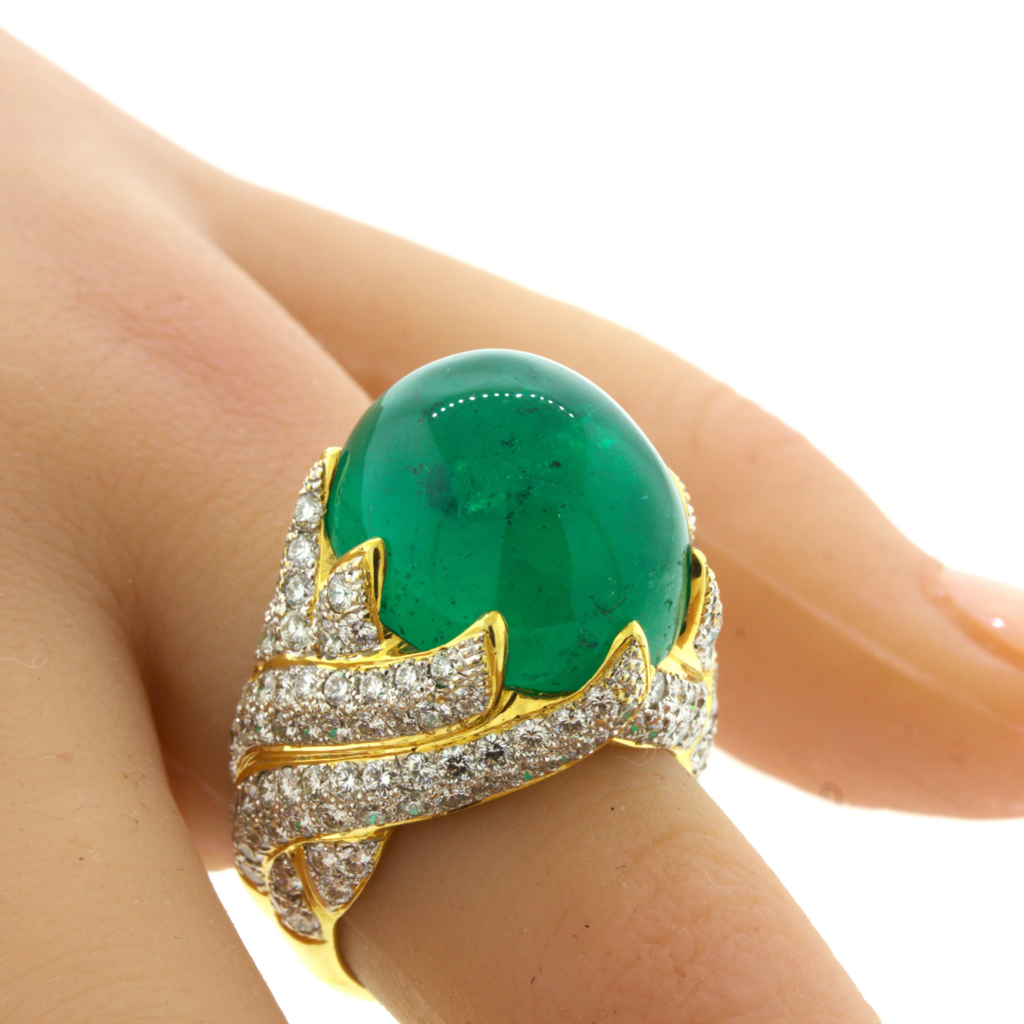 26.67 Carat Colombian Emerald Diamond 18K Yellow Gold Cocktail Ring, AGL Cert. For Sale 3
