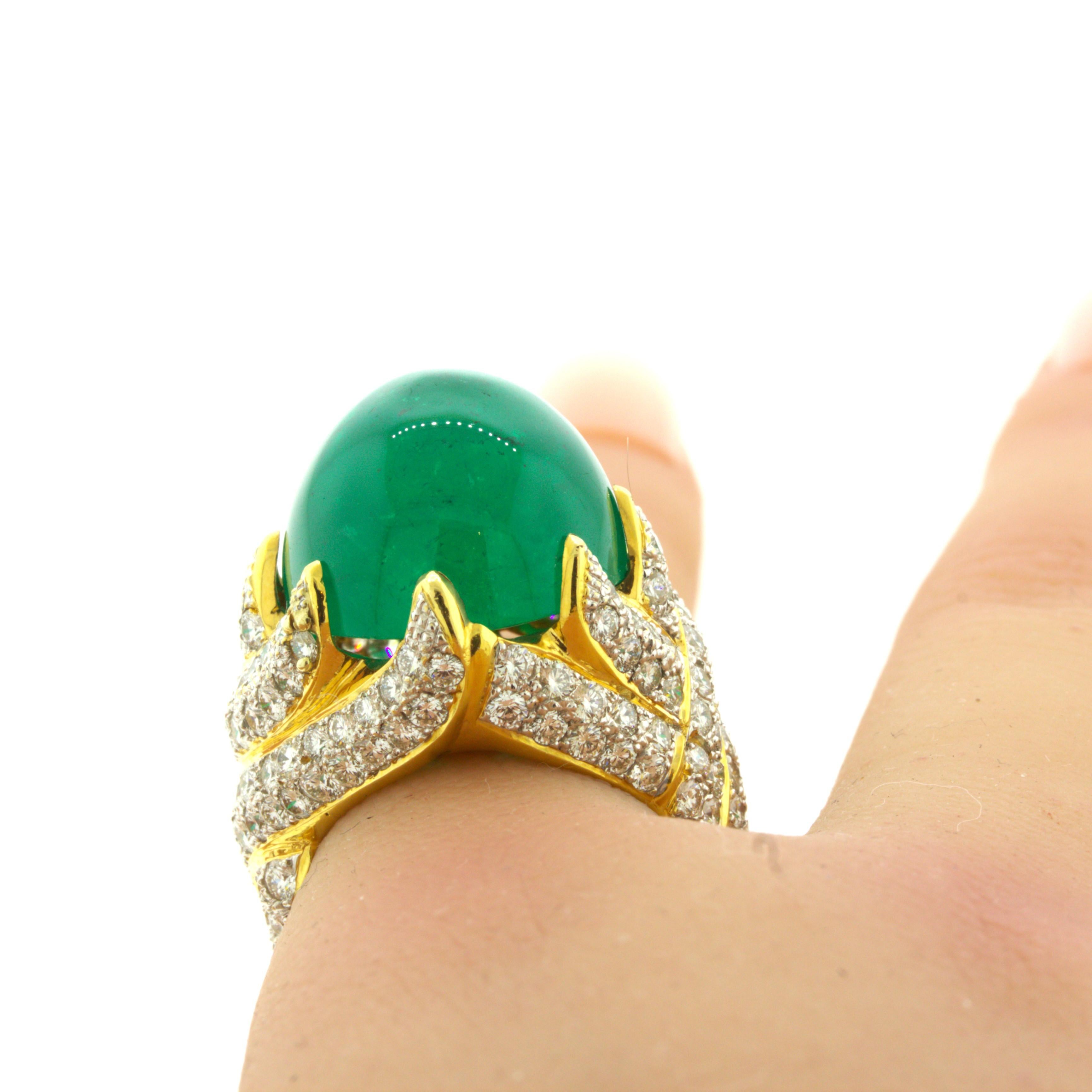 26.67 Carat Colombian Emerald Diamond 18K Yellow Gold Cocktail Ring, AGL Cert. For Sale 4