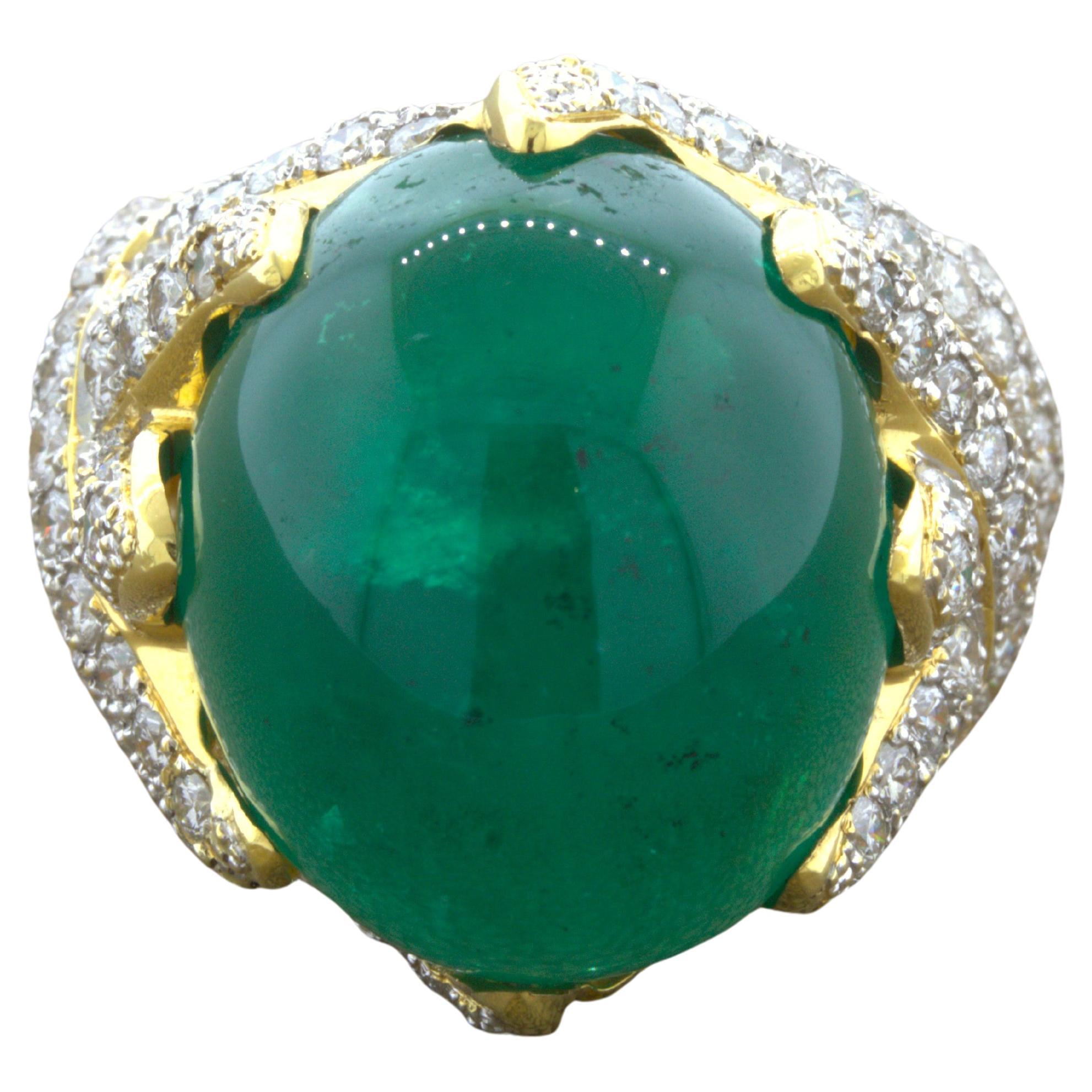 26.67 Carat Colombian Emerald Diamond 18K Yellow Gold Cocktail Ring, AGL Cert. For Sale