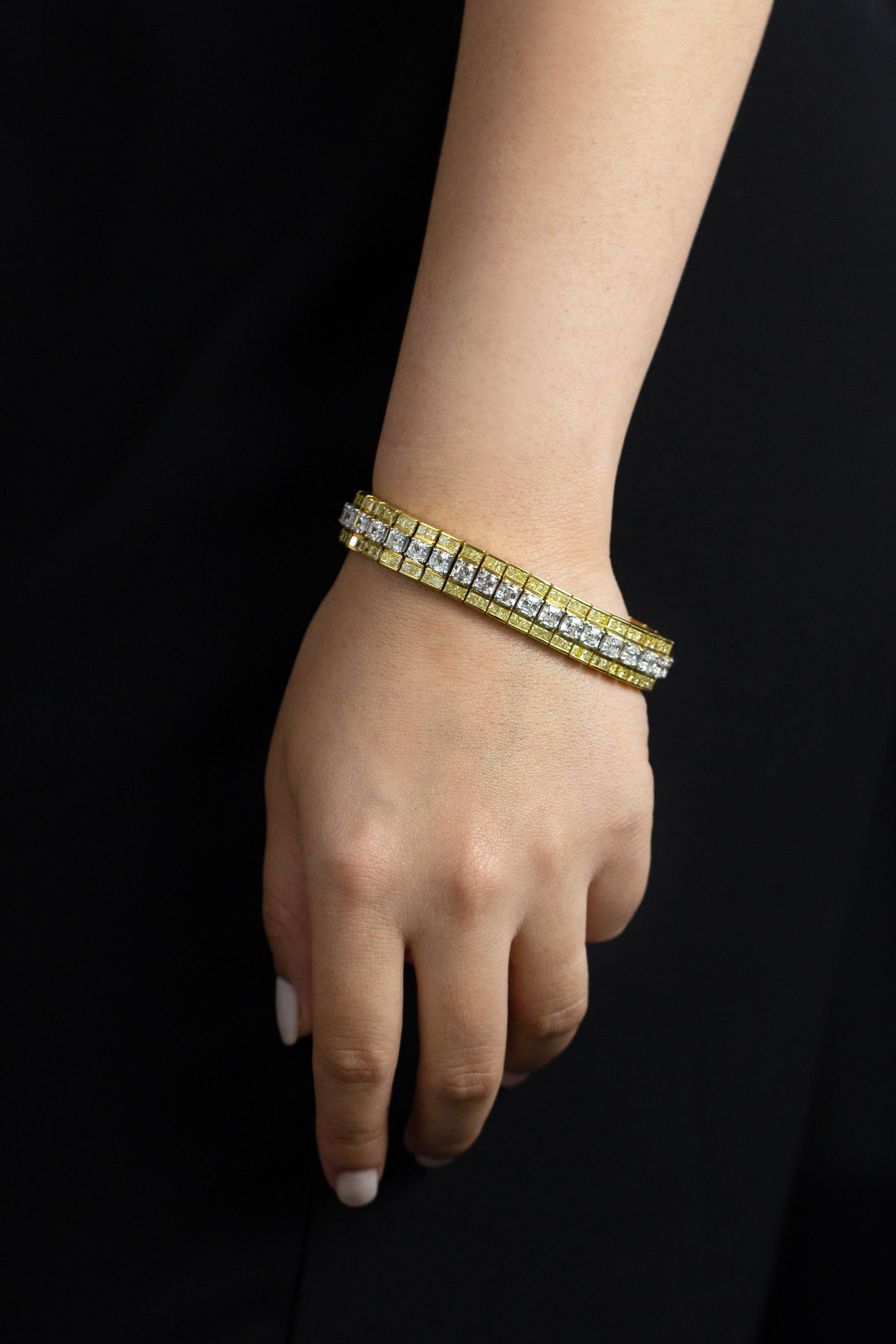 Contemporary 26.69 Carats Total Mixed Cut Yellow and White Diamond Fashion Bracelet For Sale