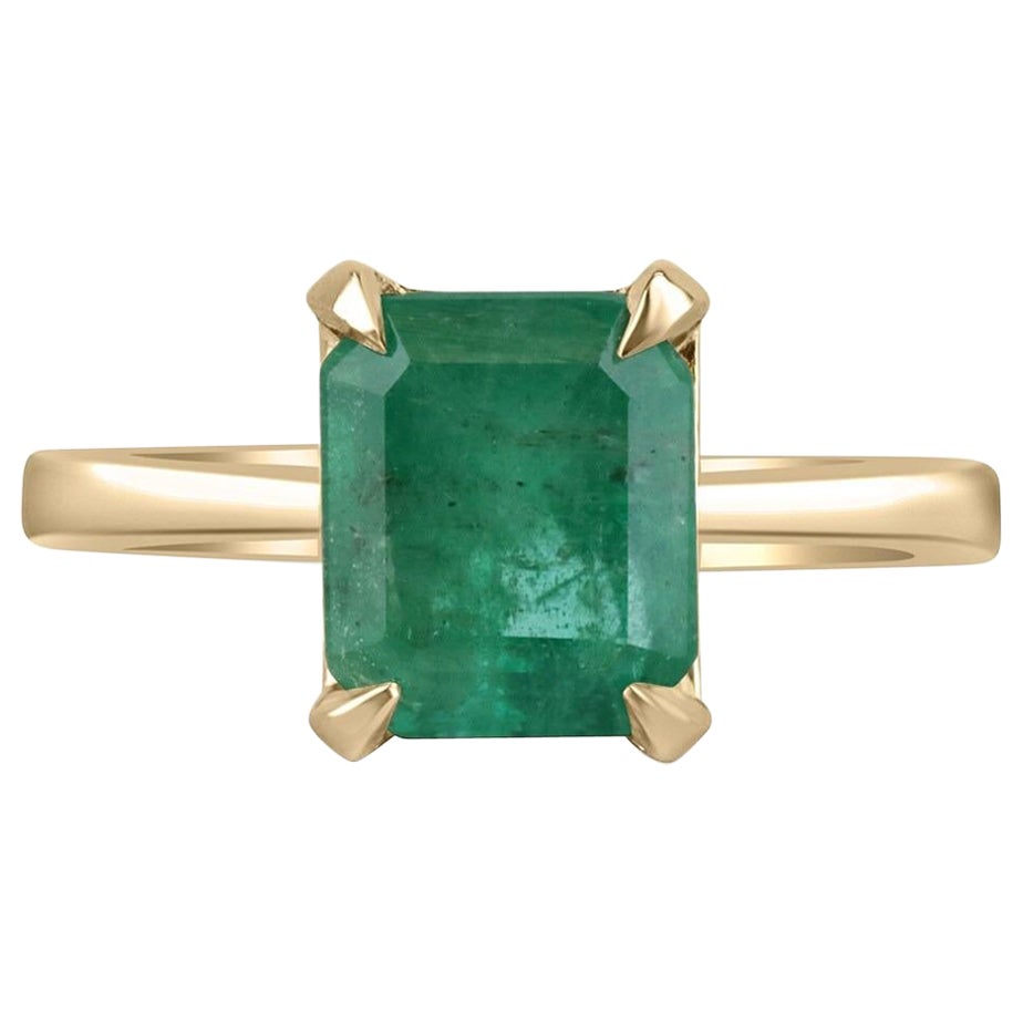2.66ct 14K Emerald Cut Natural Emerald Solitaire Four Prong Gold Engagement Ring