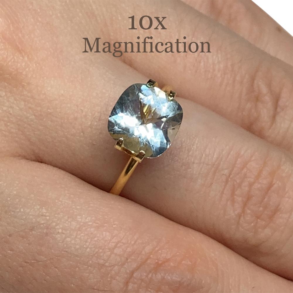 Description:

Gem Type: Aquamarine
Number of Stones: 1
Weight: 2.66 cts
Measurements: 9.09 x 9.13 x 5.70 mm
Shape: Cushion
Cutting Style Crown: Brilliant Cut
Cutting Style Pavilion: Mixed Cut
Transparency: Transparent
Clarity: Very Very Slightly
