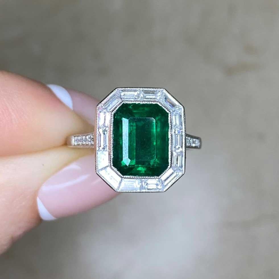 2.66ct Emerald Cut Natural Green Emerald Engagement Ring, Diamond Halo, Platinum For Sale 5
