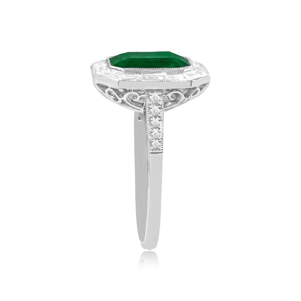 Art Deco 2.66ct Emerald Cut Natural Green Emerald Engagement Ring, Diamond Halo, Platinum For Sale