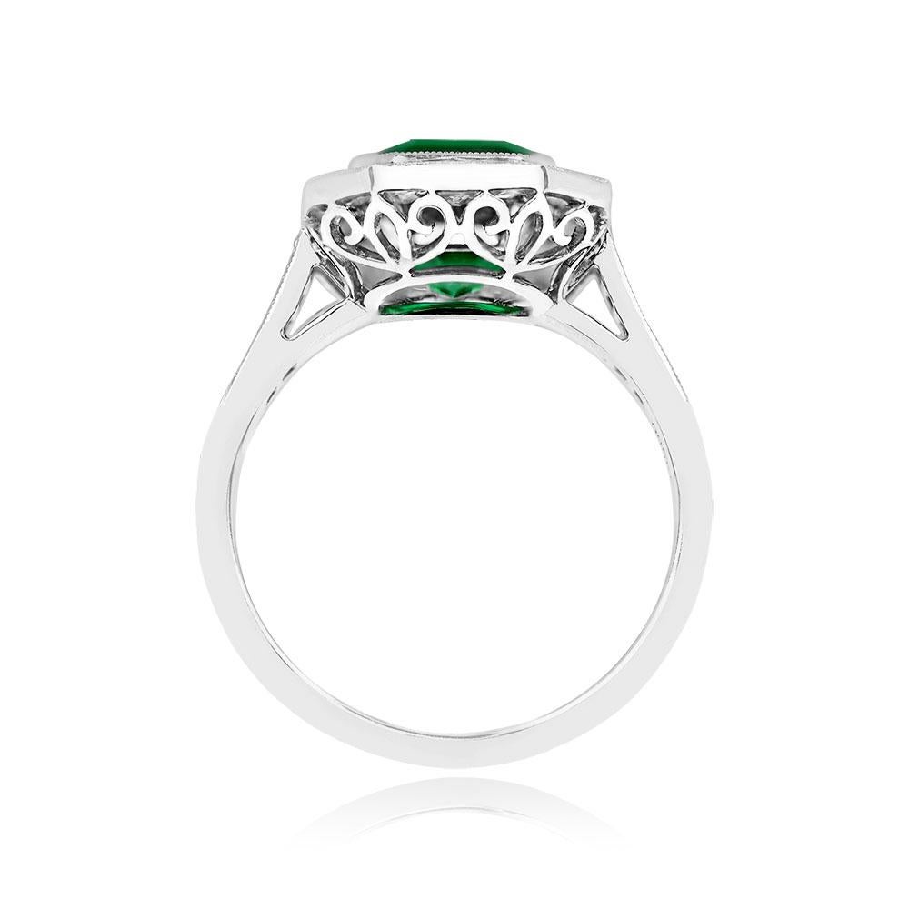 2.66ct Emerald Cut Natural Green Emerald Engagement Ring, Diamond Halo, Platinum In Excellent Condition For Sale In New York, NY