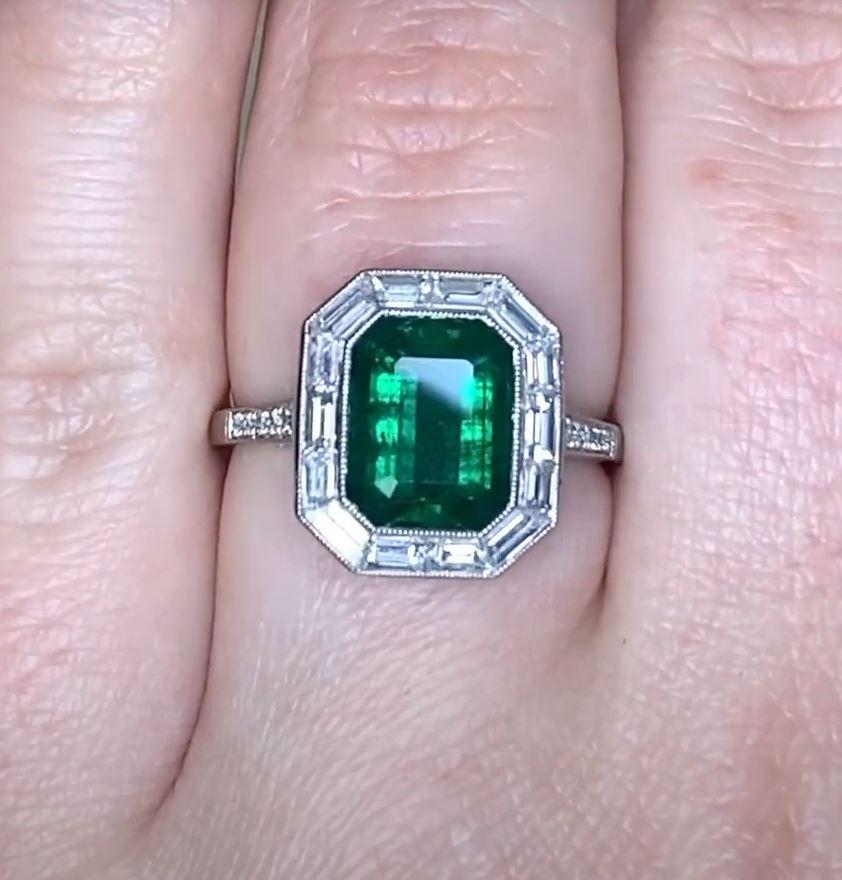 Women's 2.66ct Emerald Cut Natural Green Emerald Engagement Ring, Diamond Halo, Platinum For Sale