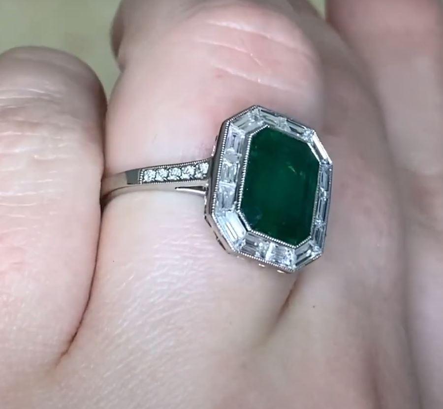 2.66ct Emerald Cut Natural Green Emerald Engagement Ring, Diamond Halo, Platinum For Sale 1