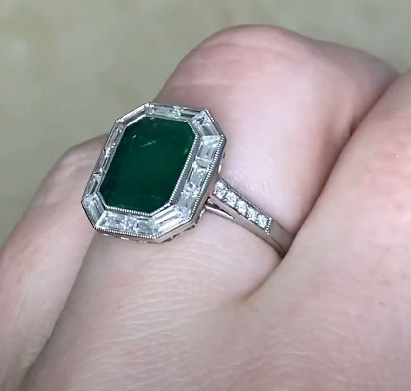 2.66ct Emerald Cut Natural Green Emerald Engagement Ring, Diamond Halo, Platinum For Sale 2