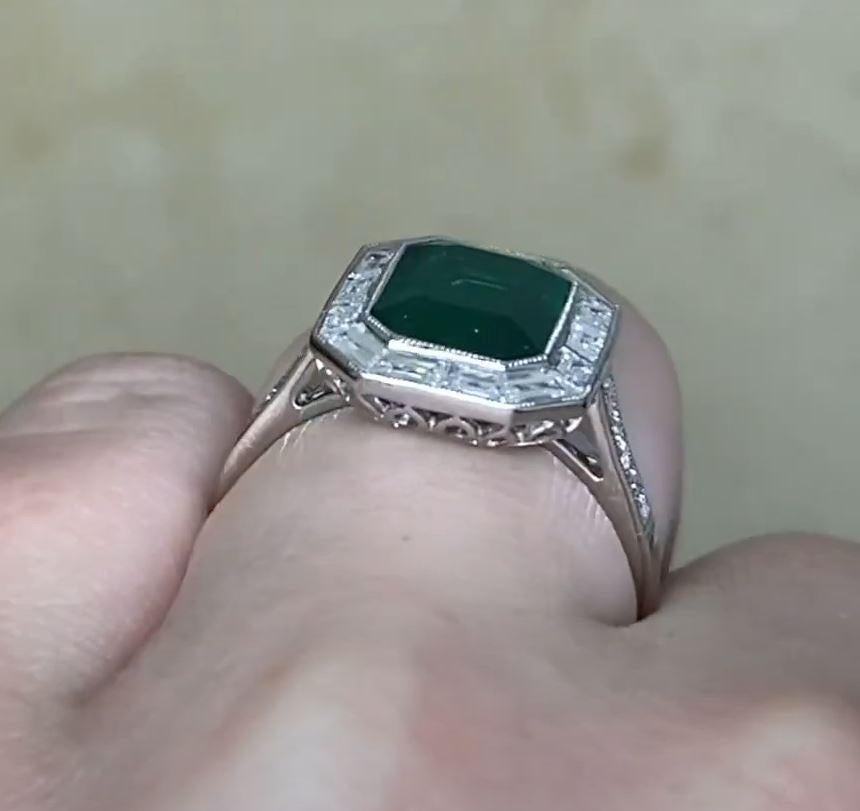 2.66ct Emerald Cut Natural Green Emerald Engagement Ring, Diamond Halo, Platinum For Sale 3