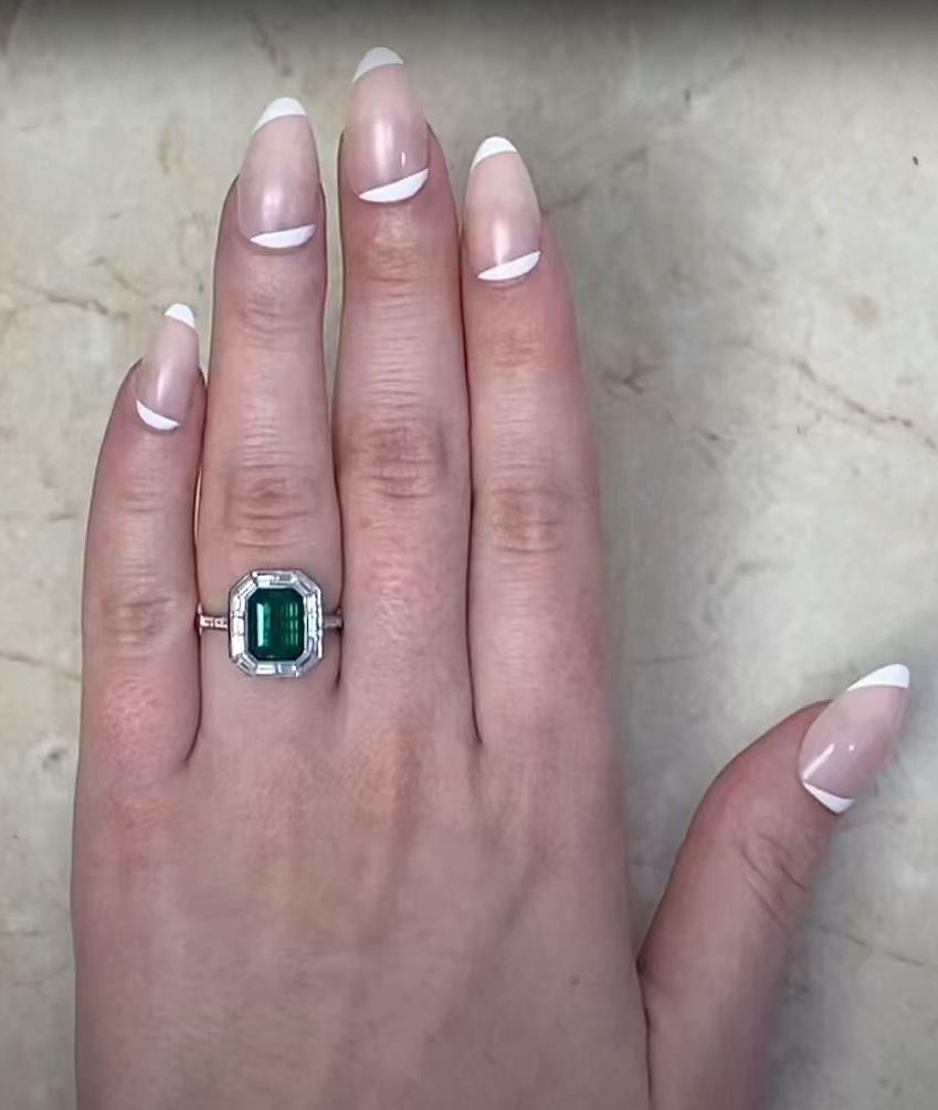 2.66ct Emerald Cut Natural Green Emerald Engagement Ring, Diamond Halo, Platinum For Sale 4