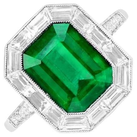 2.66ct Emerald Cut Natural Green Emerald Engagement Ring, Diamond Halo, Platinum For Sale