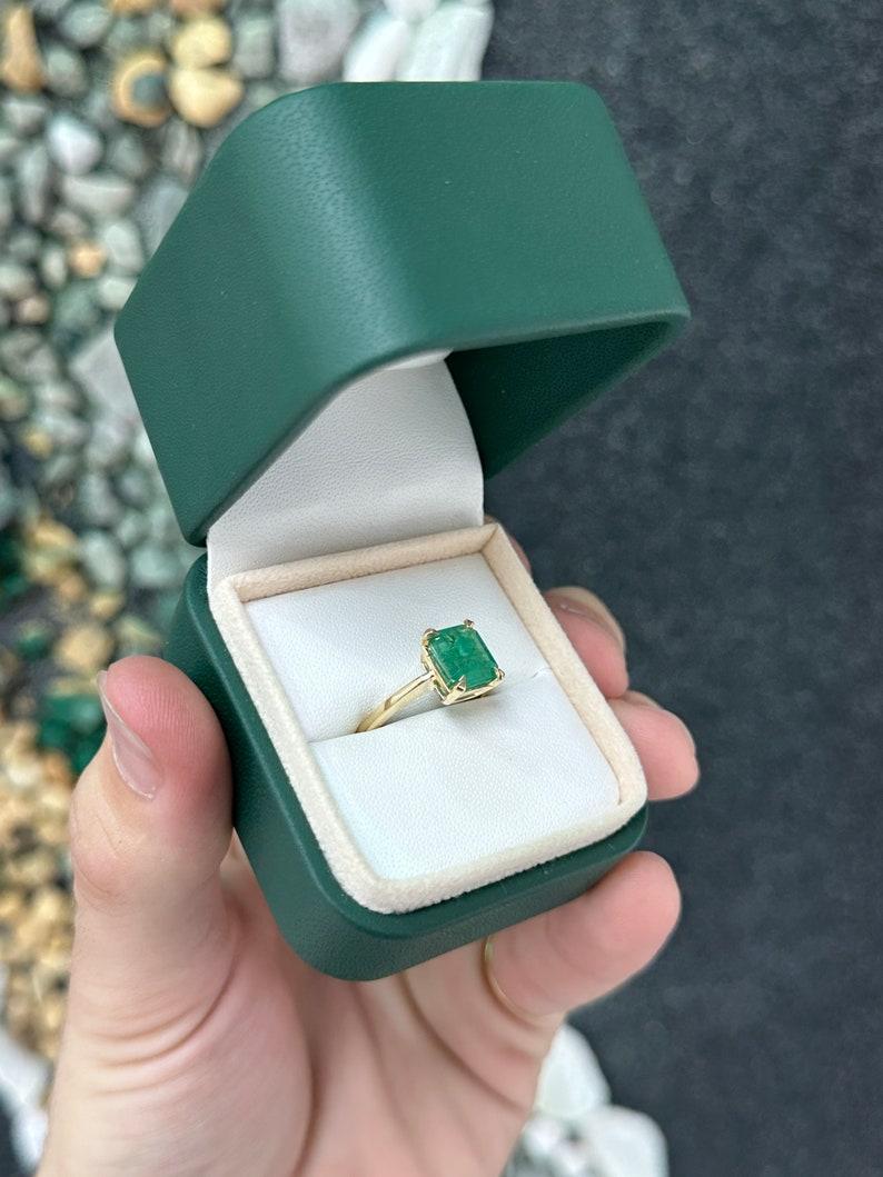 Emerald Cut 2.66ct Emerald Solitaire Engagement Ring in 14K Gold - Rich Green, Claw Prong For Sale