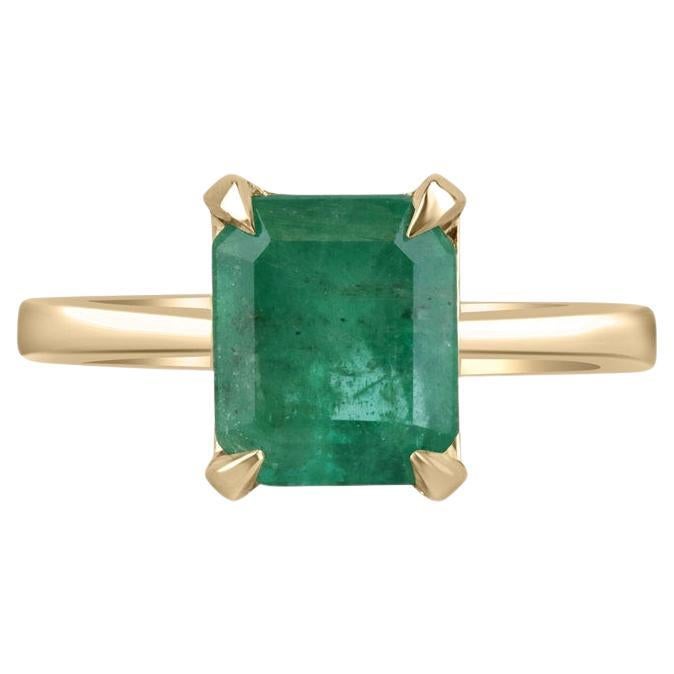 2.66ct Emerald Solitaire Engagement Ring in 14K Gold - Rich Green, Claw Prong