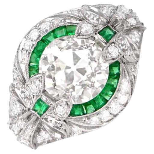 2.66 Carat Euro Cut Diamond Engagement Ring, Emerald Halo For Sale