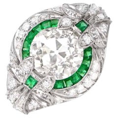 Antique 2.66 Carat Euro Cut Diamond Engagement Ring, Emerald Halo