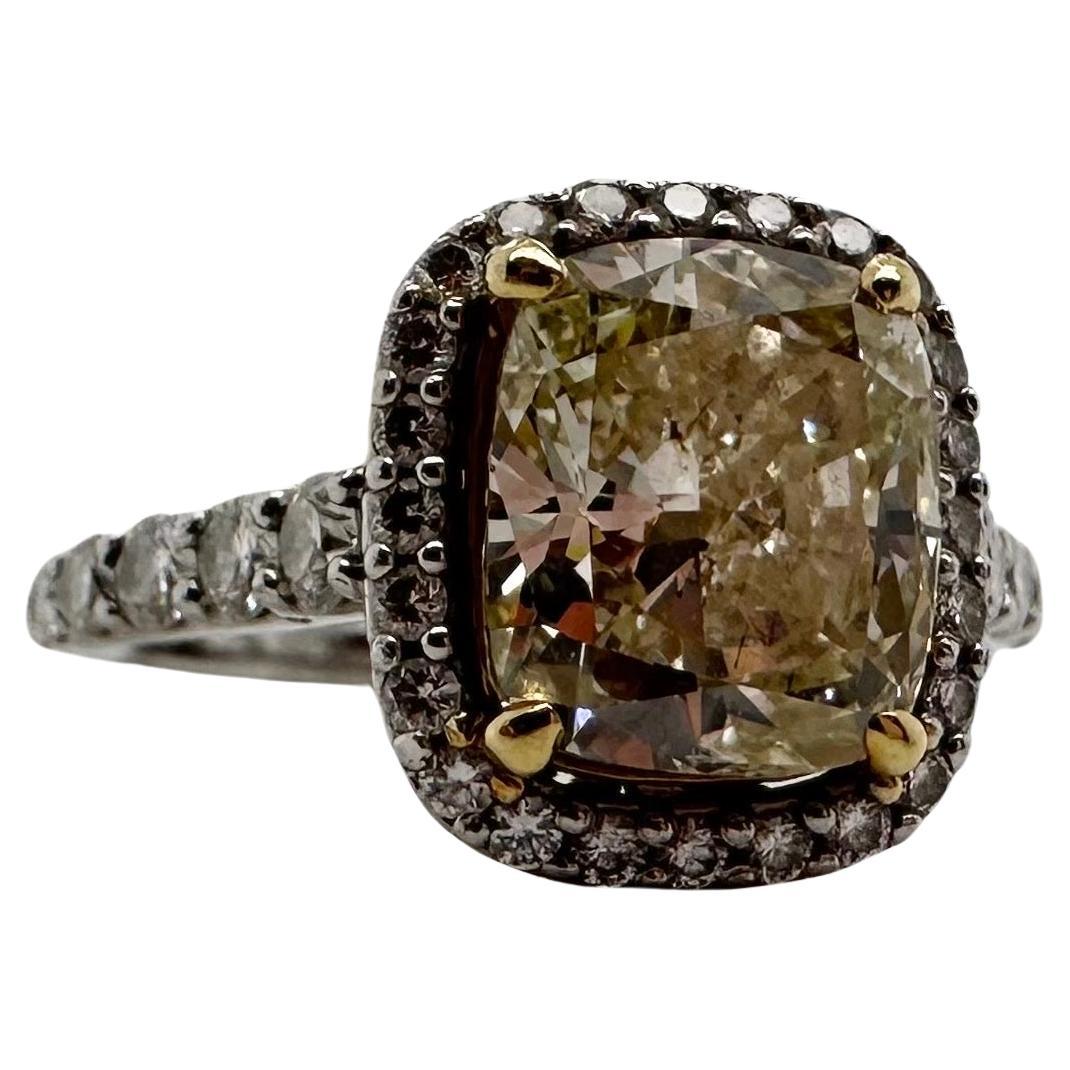 2.66ct Fancy Yellow cushion diamond ring 18KT gold For Sale