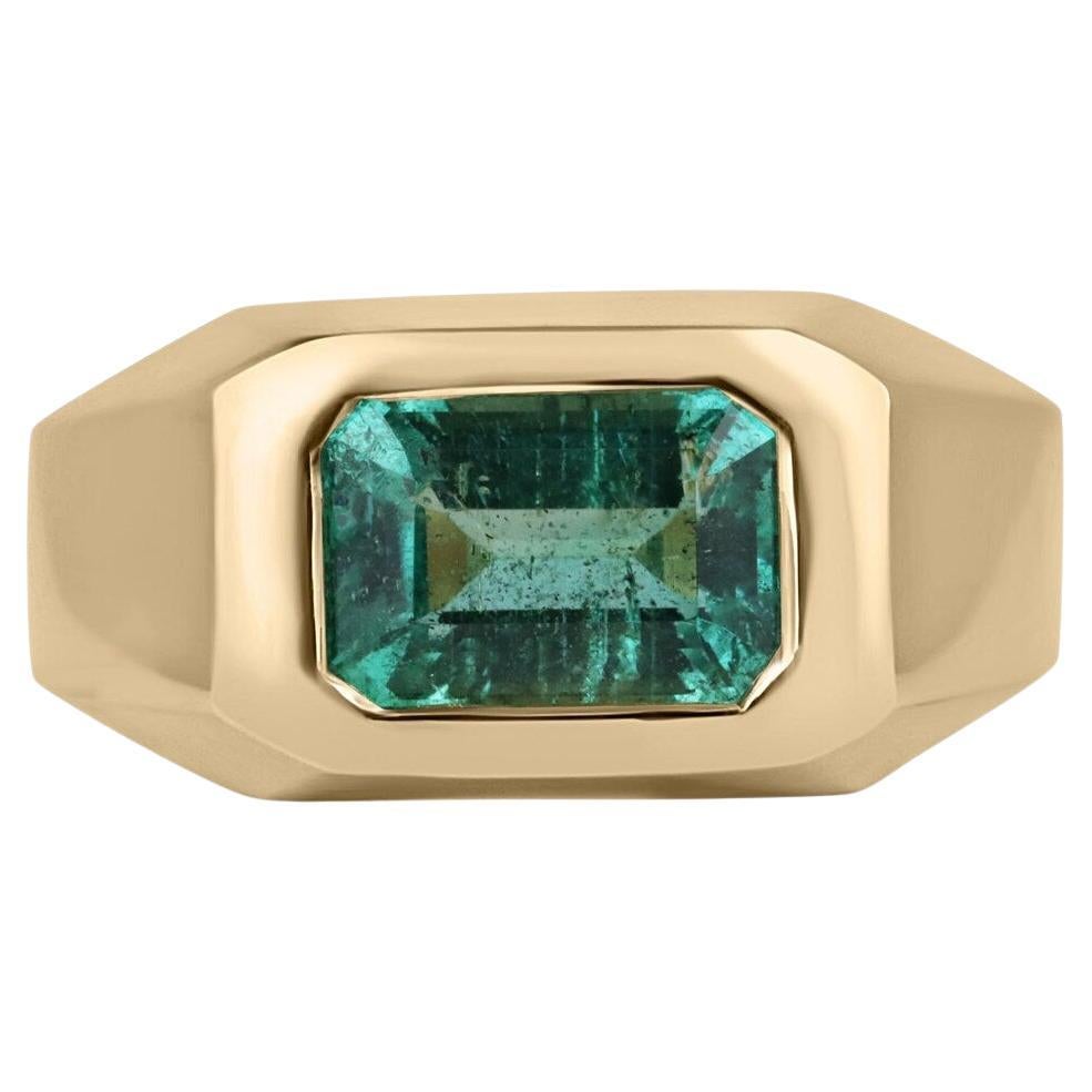 2.66ct Nature Emerald Cut Bluish Green Bezel Set Men's Solitaire Ring (bague solitaire pour homme)
