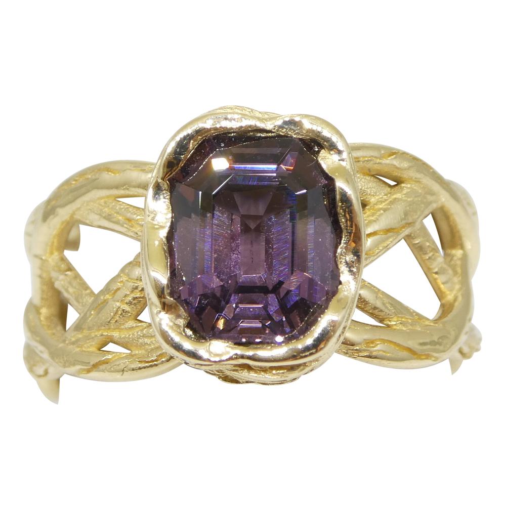 This is a stunning  one of a kind Purple Spinel, set in 14k Yellow Gold Vine
Ring made to exacting standards here in Canada.
    
Gem Scope Appraisal Laboratories No: SKYJ203626   
Certificate of Evaluation Aug 4, 2021   
One lady's custom