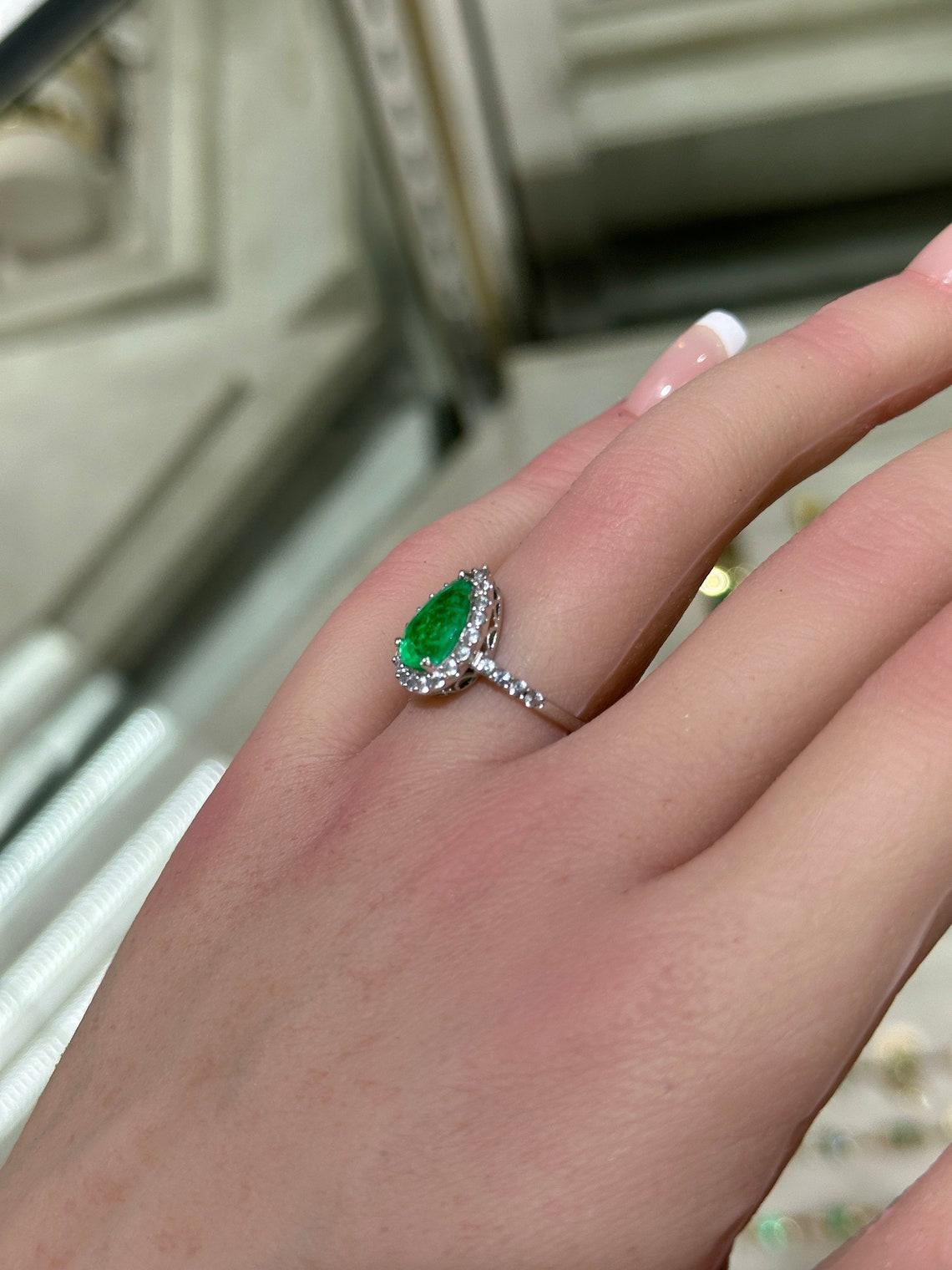 Contemporary 2.66tcw Earth Mined Emerald & Diamond Halo Engagement Ring Vivid Green 14K Gold For Sale