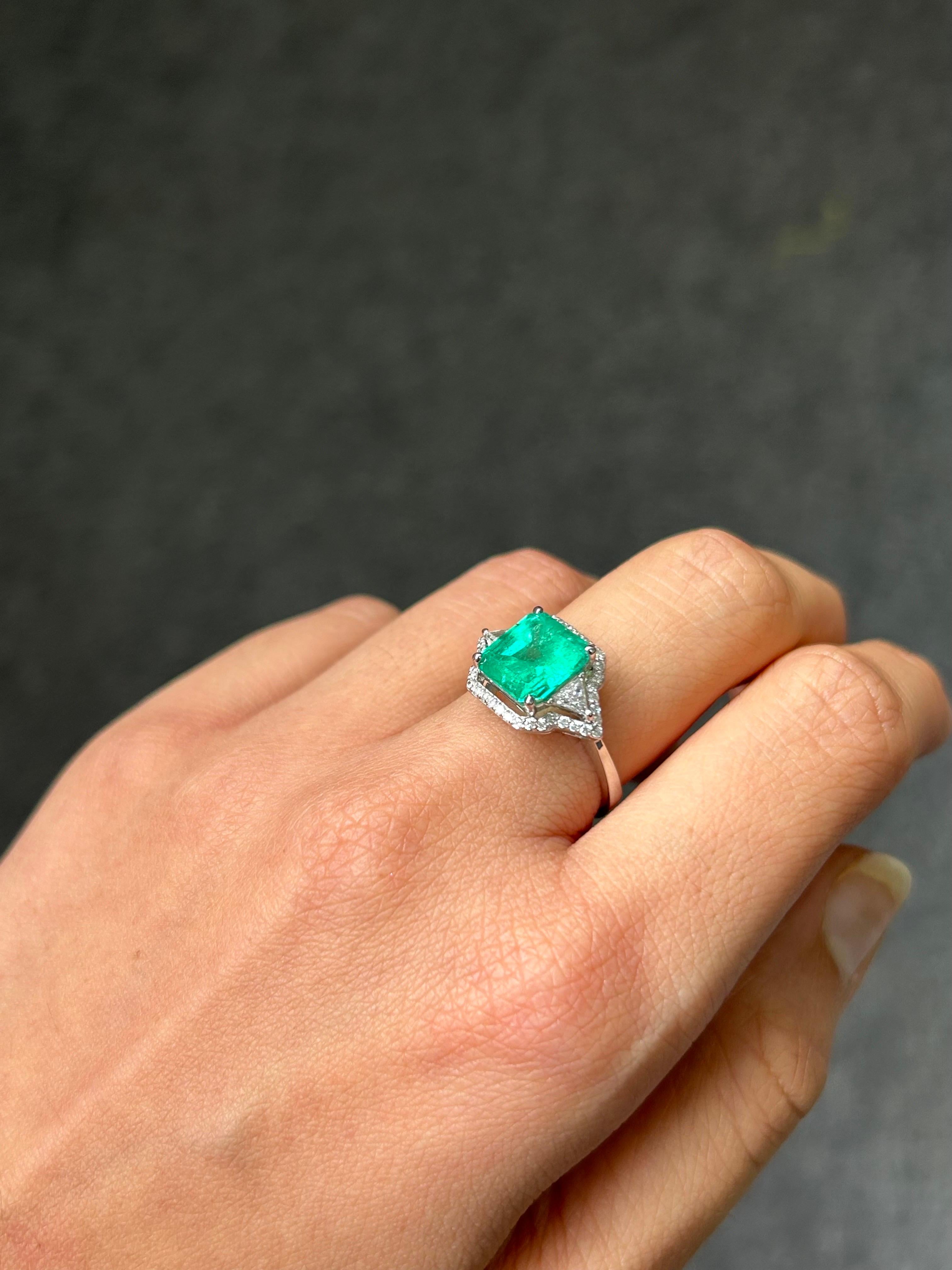 Emerald Cut 2.67 Carat Colombian Emerald and Diamond Three-Stone Engagement Ring