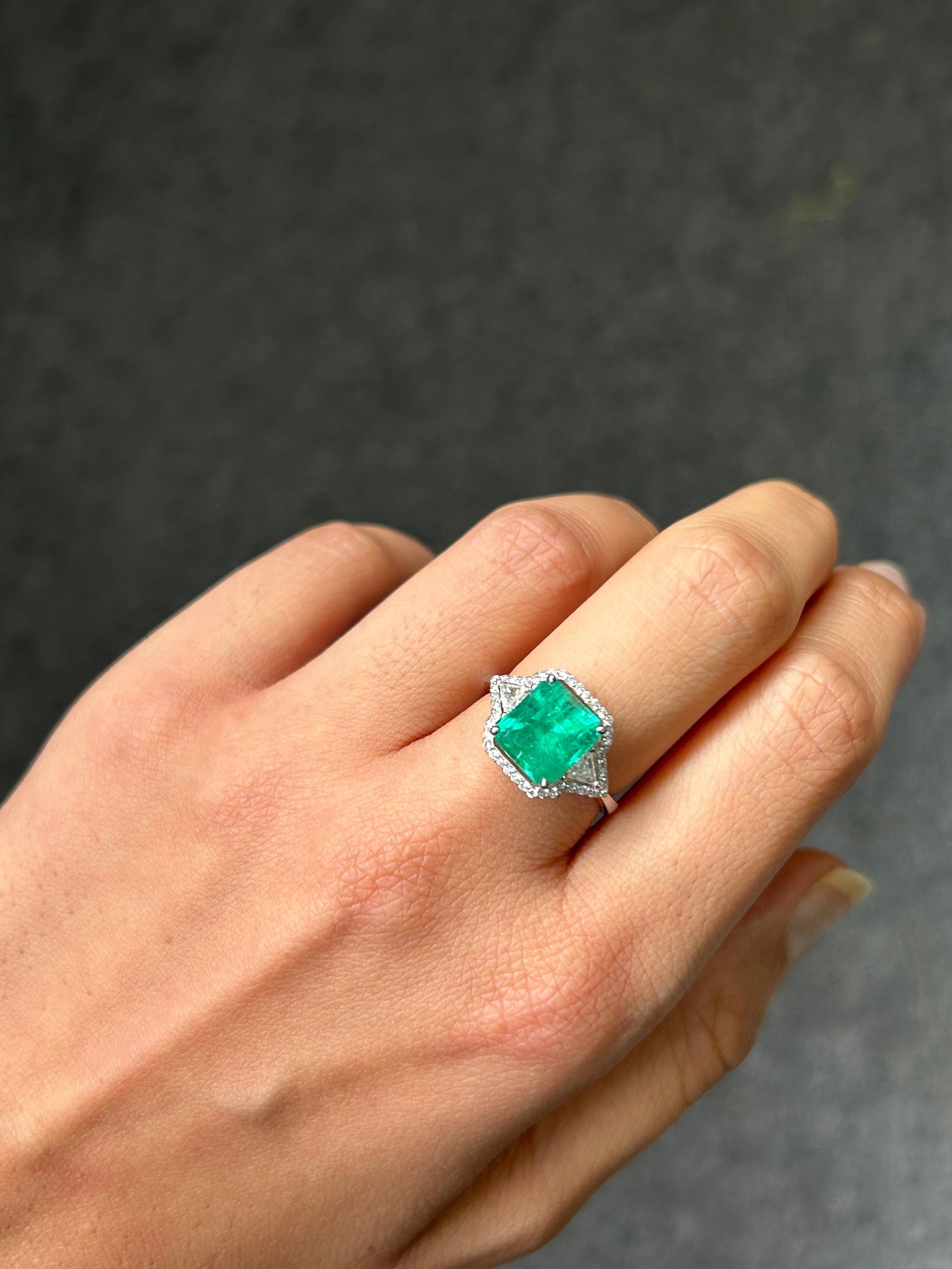 Women's 2.67 Carat Colombian Emerald and Diamond Three-Stone Engagement Ring