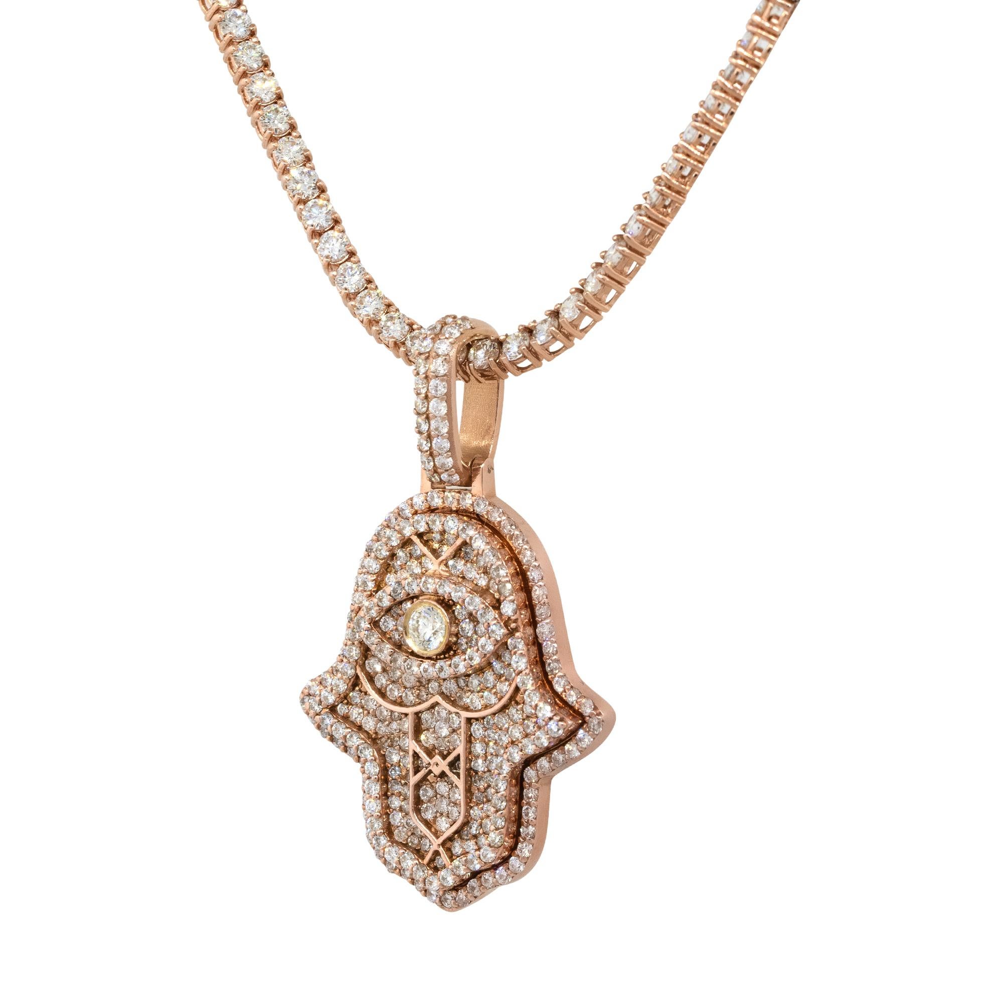 Material: 14k Rose Gold
Diamond Details: Approx. 2.67ctw of round cut Diamonds. Diamonds are G/H in color and SI/VS in clarity, 281 stones.  
Pendant Measurements: 28.15mm x 9.25mm x 46mm
Total Weight: 18.8g (12.1dwt) 
Additional details: Item comes