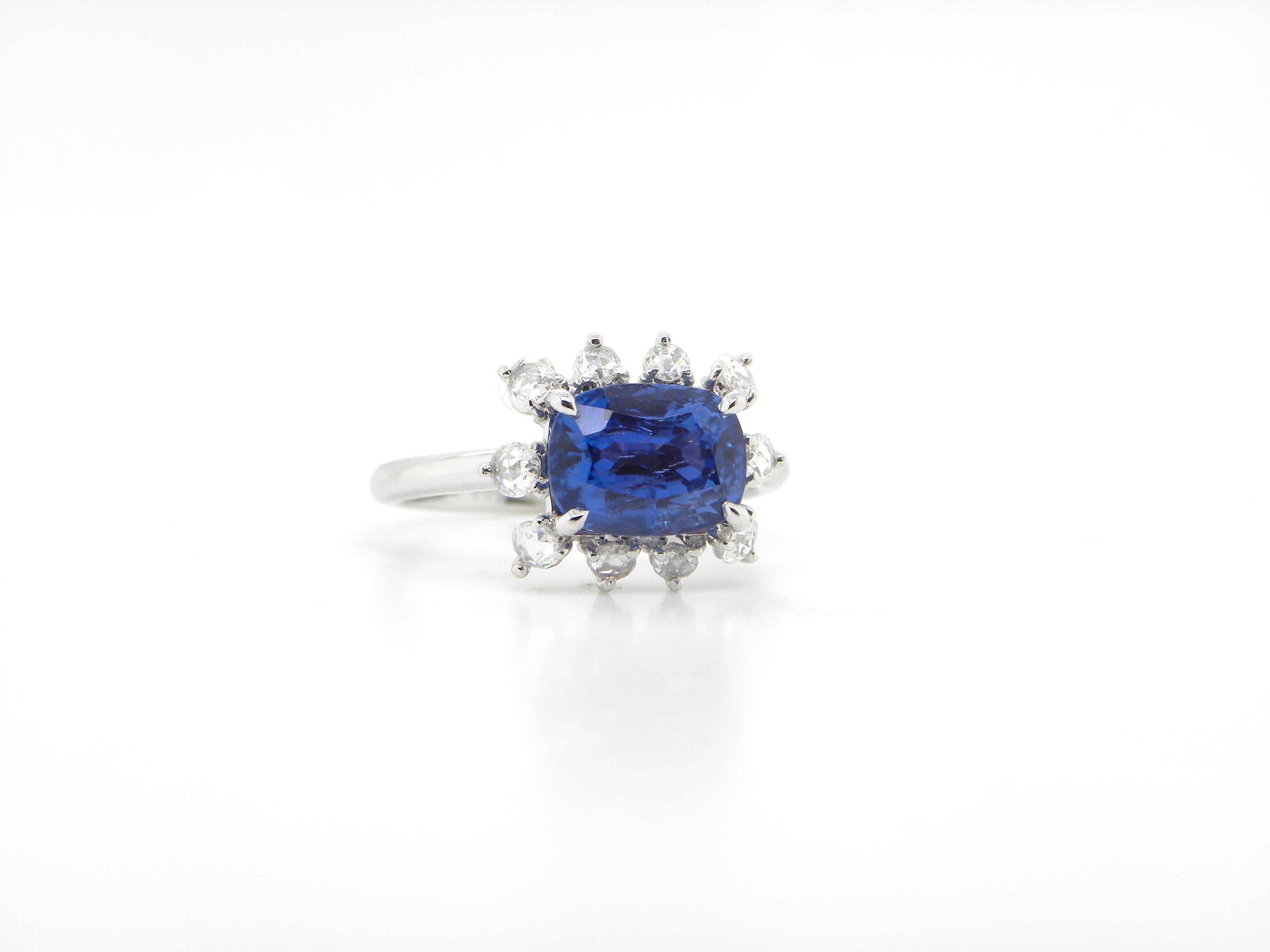 Cushion Cut 2.67 Carat GIA Certified Unheated Burmese Sapphire and Diamond Engagement Ring