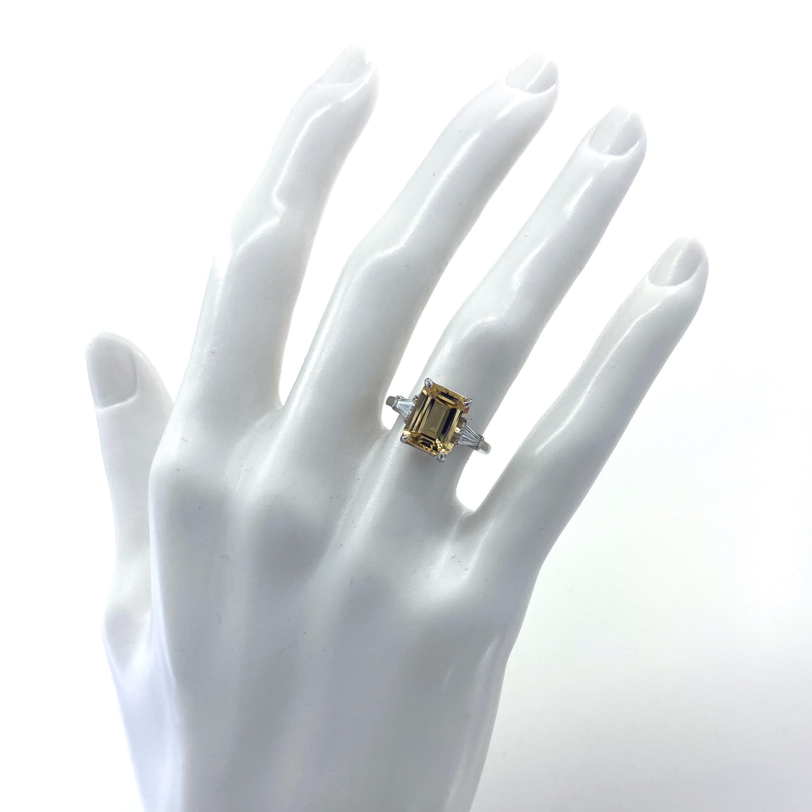 2.67 Carat Golden Beryl 'Heliodor' in Deco-Era Platinum and Diamond 3-Stone Ring 1