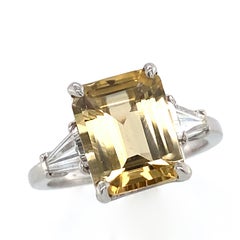 2.67 Carat Golden Beryl 'Heliodor' in Deco-Era Platinum and Diamond 3-Stone Ring