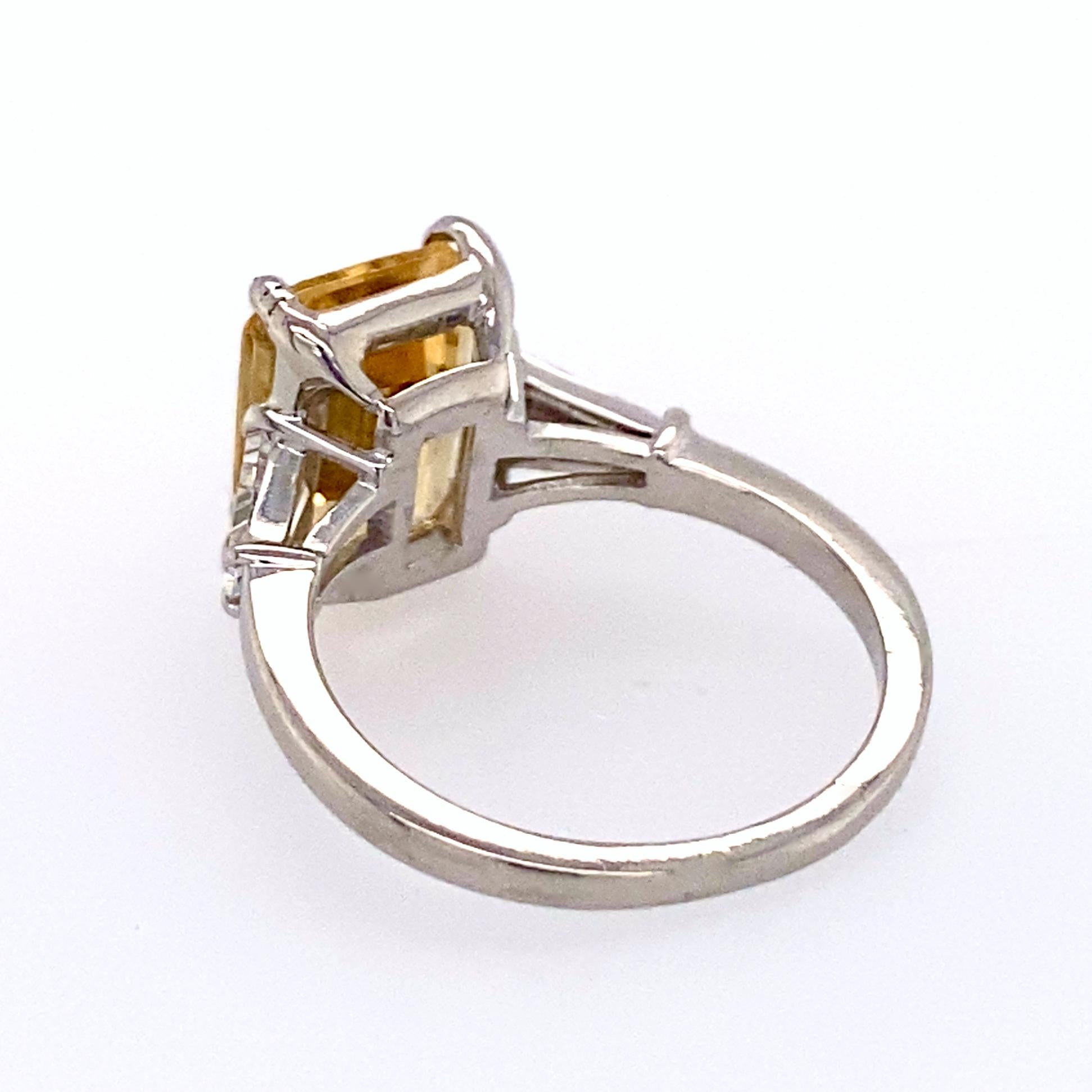 Art Deco 2.67 Carat Golden Beryl 'Heliodor' in Deco-Era Platinum and Diamond 3-Stone Ring