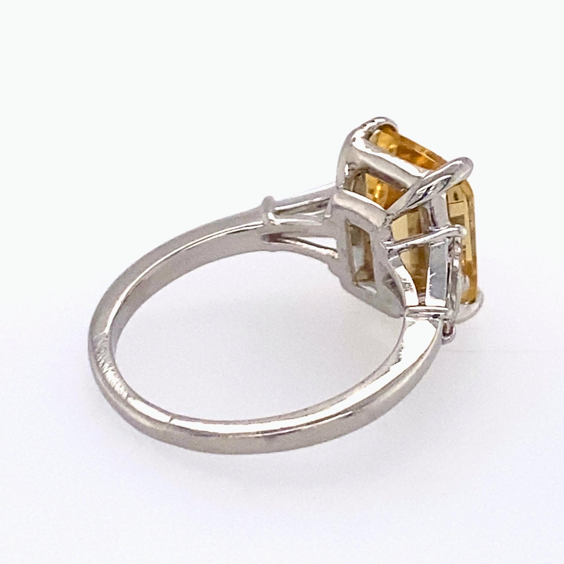 Emerald Cut 2.67 Carat Golden Beryl 'Heliodor' in Deco-Era Platinum and Diamond 3-Stone Ring