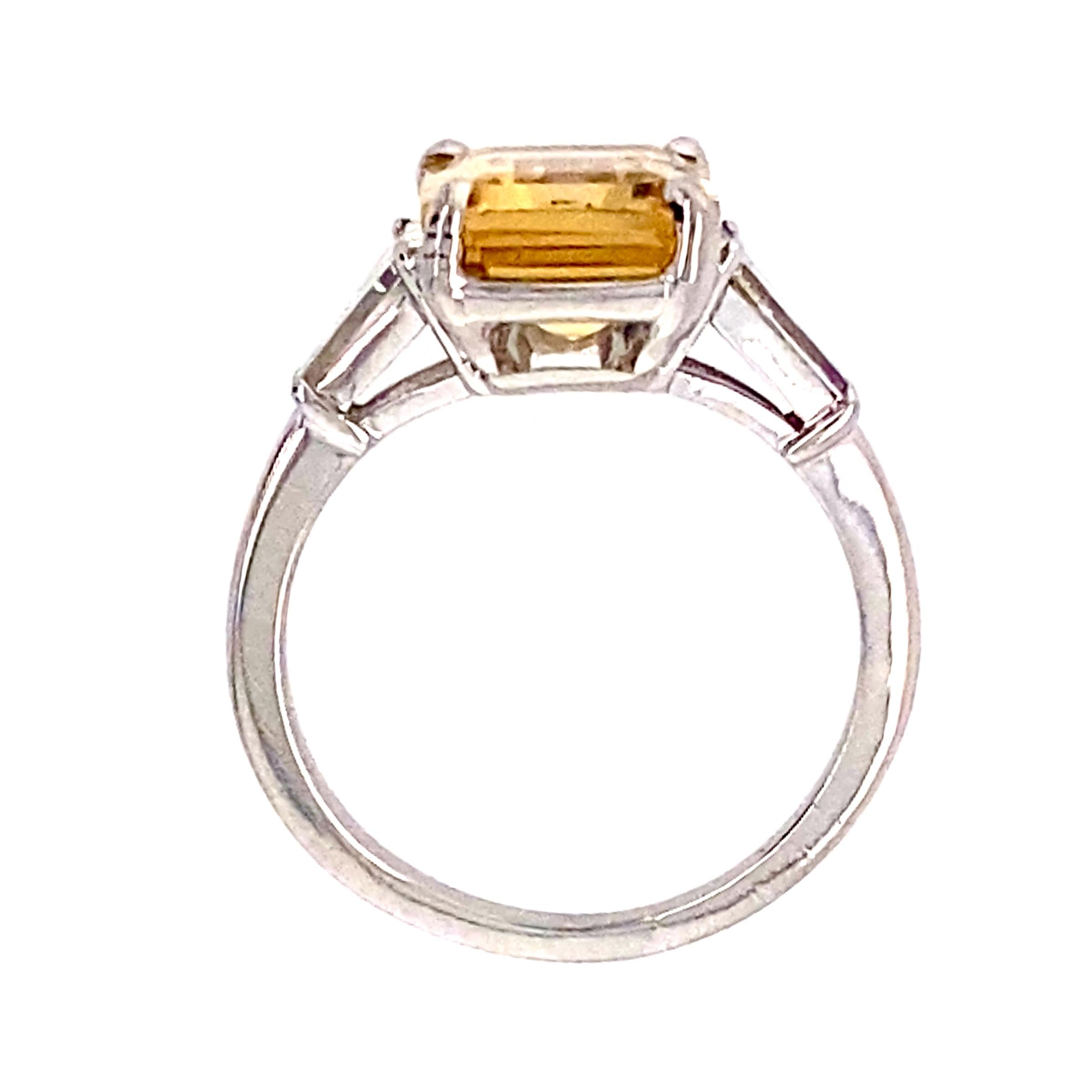 Women's or Men's 2.67 Carat Golden Beryl 'Heliodor' in Deco-Era Platinum and Diamond 3-Stone Ring
