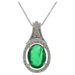 2.67 Carat Green Emerald & Diamond Pendant In 14k White Gold