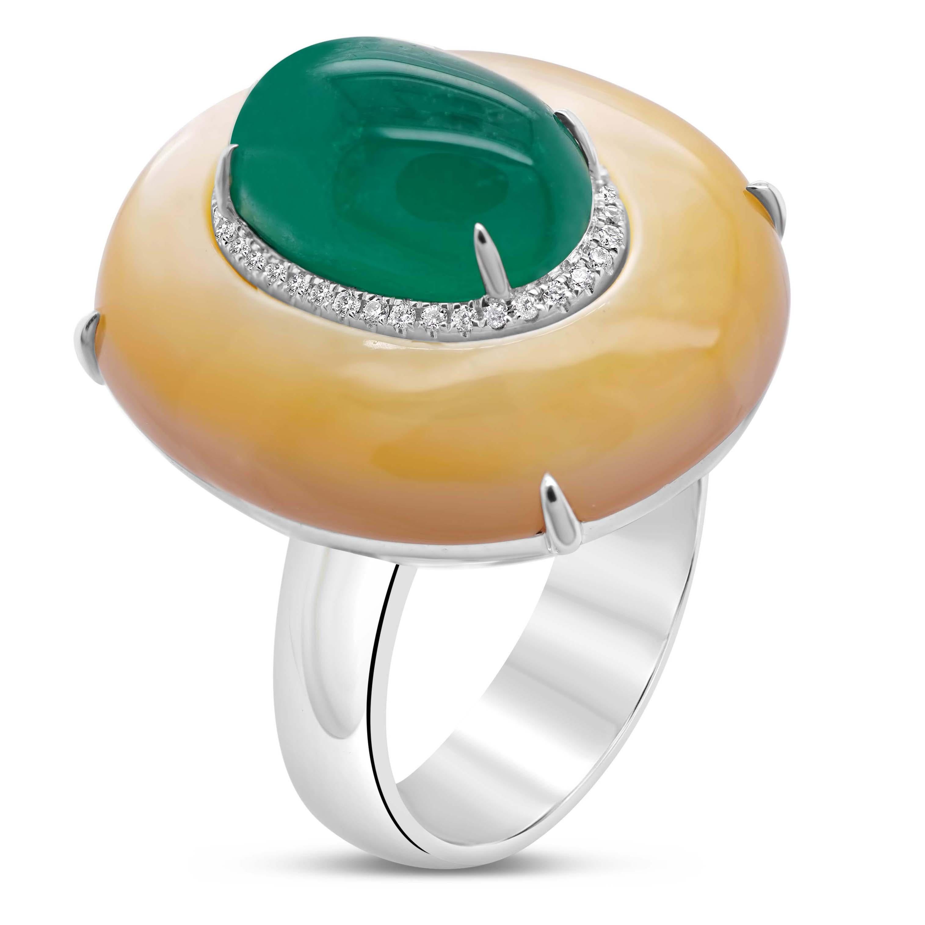 Oval Cut 2.67 Carat Intense Green Emerald Encrusted Yellow Shell 18K White Gold Ring