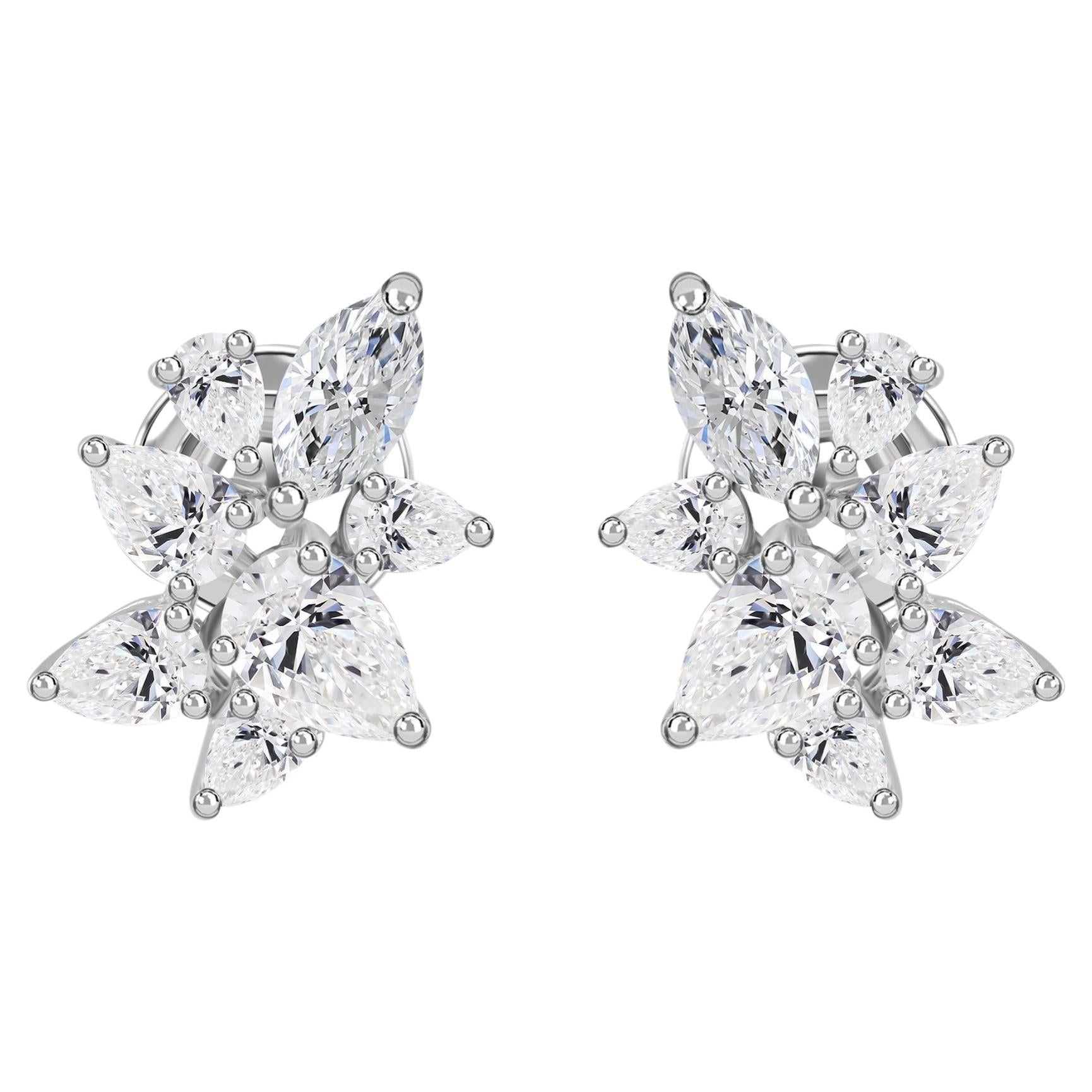 Boucles d'oreilles à grappes de diamants naturels taille poire et marquise de 2,67 carats, en or blanc 18 carats