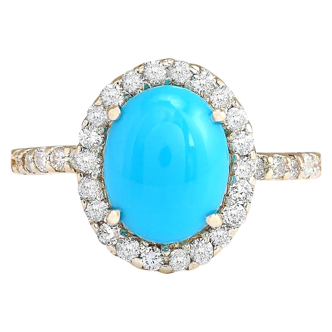 Bague en or jaune 14 carats avec turquoise naturelle et diamant 