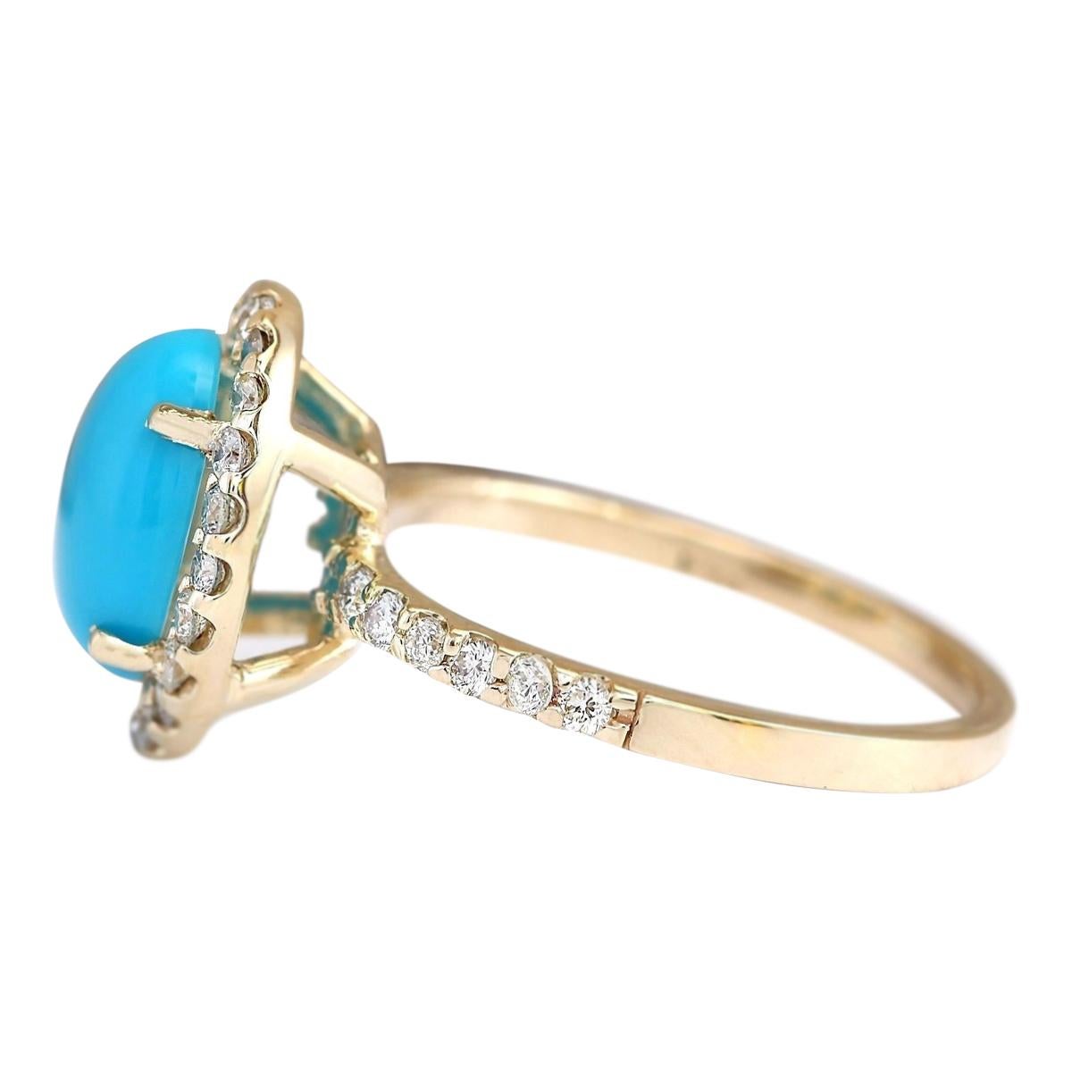 Stamped: 14K Yellow Gold
Total Ring Weight: 3.7 Grams
Total Natural Turquoise Weight is 2.07 Carat (Measures: 10.00x8.00 mm)
Color: Blue
Total Natural Diamond Weight is 0.60 Carat
Color: F-G, Clarity: VS2-SI1
Face Measures: 13.60x11.42 mm
Sku: