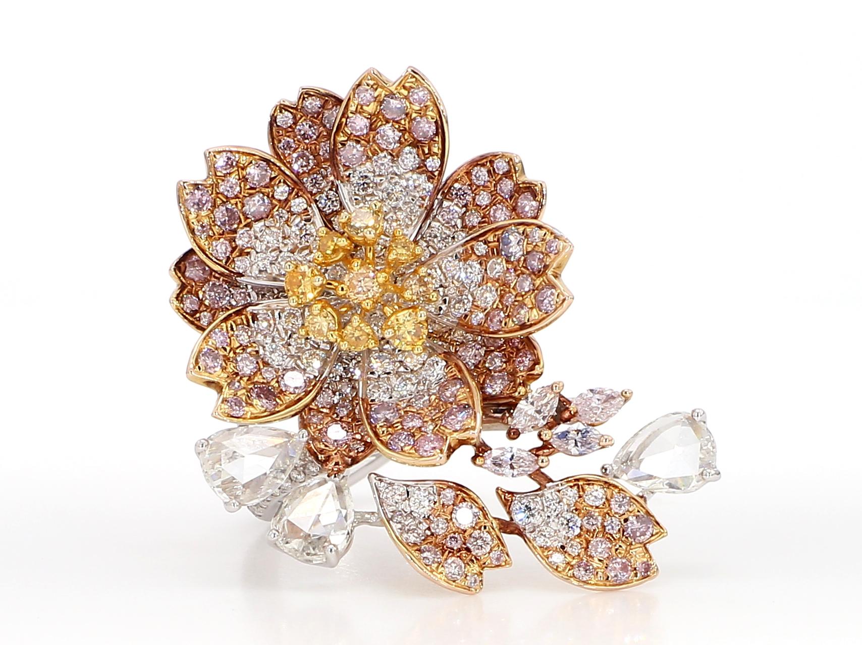 2.67 Carat Pink and Yellow Diamonds, Cocktail Ring, Floral Motif, 18K Rose Gold. For Sale 4