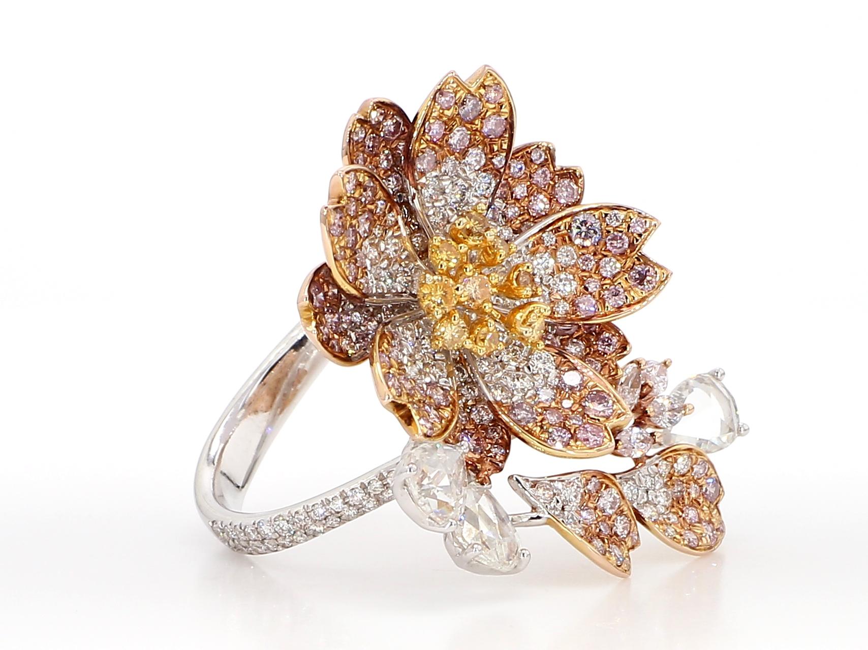 Art Nouveau 2.67 Carat Pink and Yellow Diamonds, Cocktail Ring, Floral Motif, 18K Rose Gold. For Sale