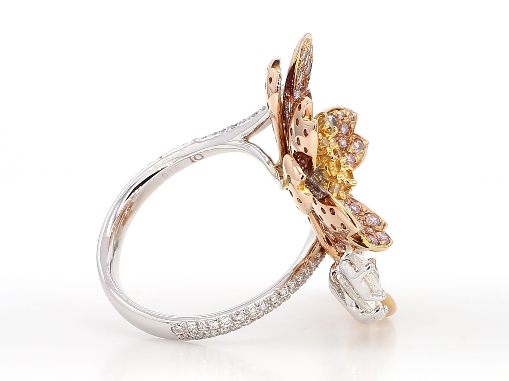 Marquise Cut 2.67 Carat Pink and Yellow Diamonds, Cocktail Ring, Floral Motif, 18K Rose Gold. For Sale