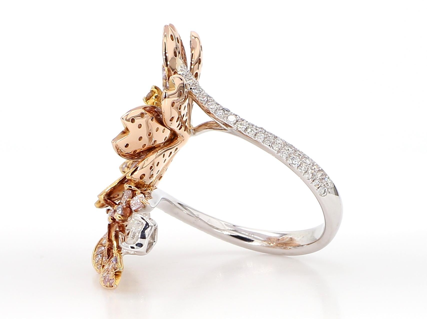 2.67 Carat Pink and Yellow Diamonds, Cocktail Ring, Floral Motif, 18K Rose Gold. For Sale 2